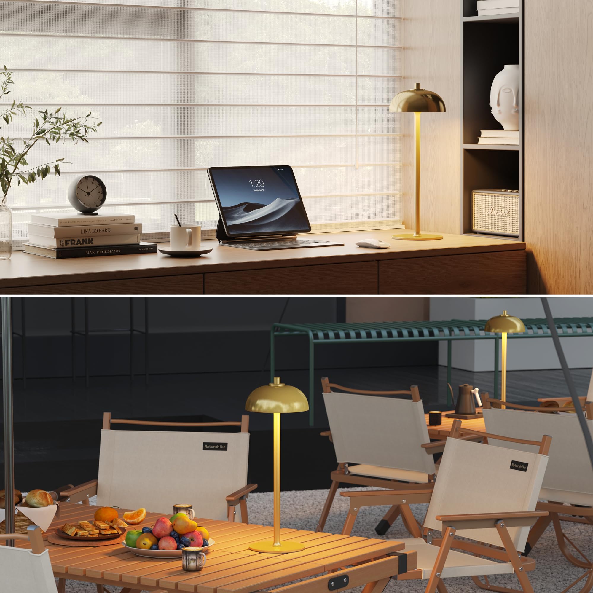 JONEMO Cordless Table Lamp, 5000mAh Rechargeable, 3 Color Modes, Stepless Dimming, Brushed Gold, Model MOGU