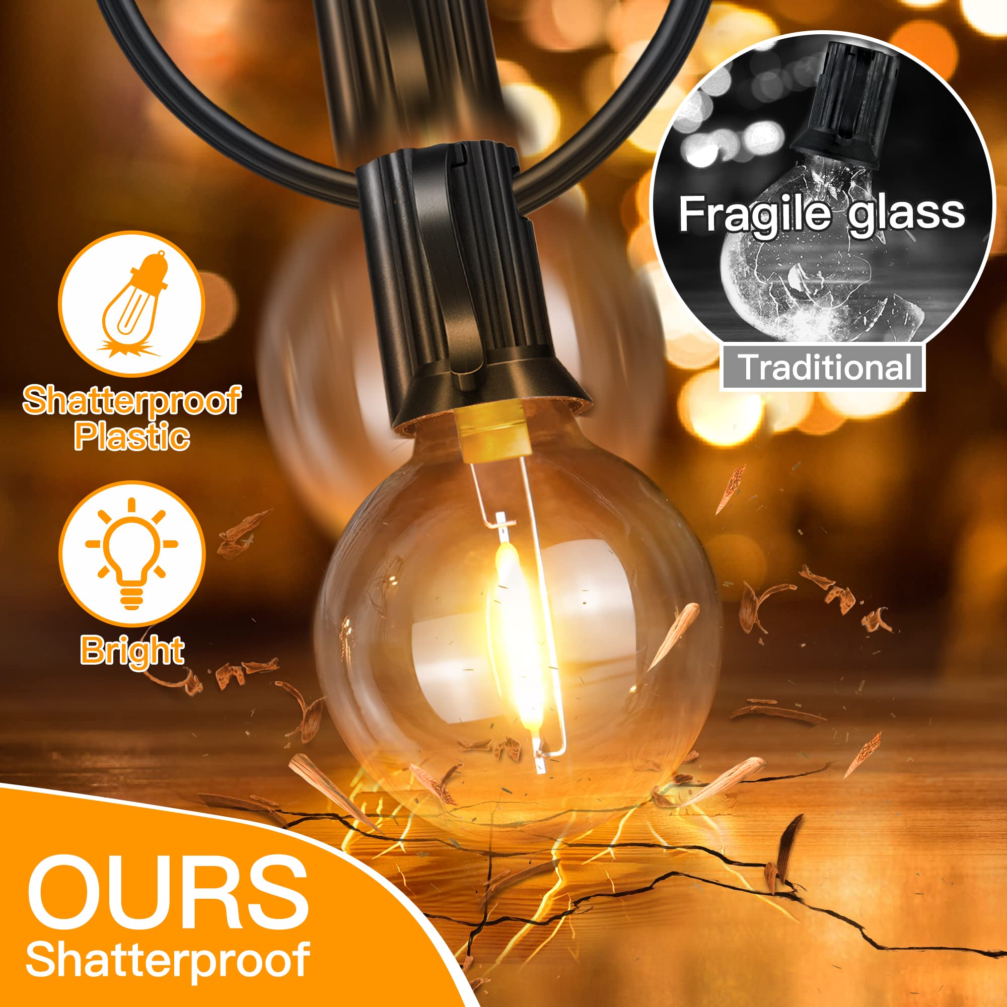 Ollny 100Ft Outdoor String Lights, Waterproof Connectable Shatterproof Outside Light With 50 Edison + 3 Spare Led Bulbs Plug In, Patio Lights For Indoor Balcony Porch Camping Deck