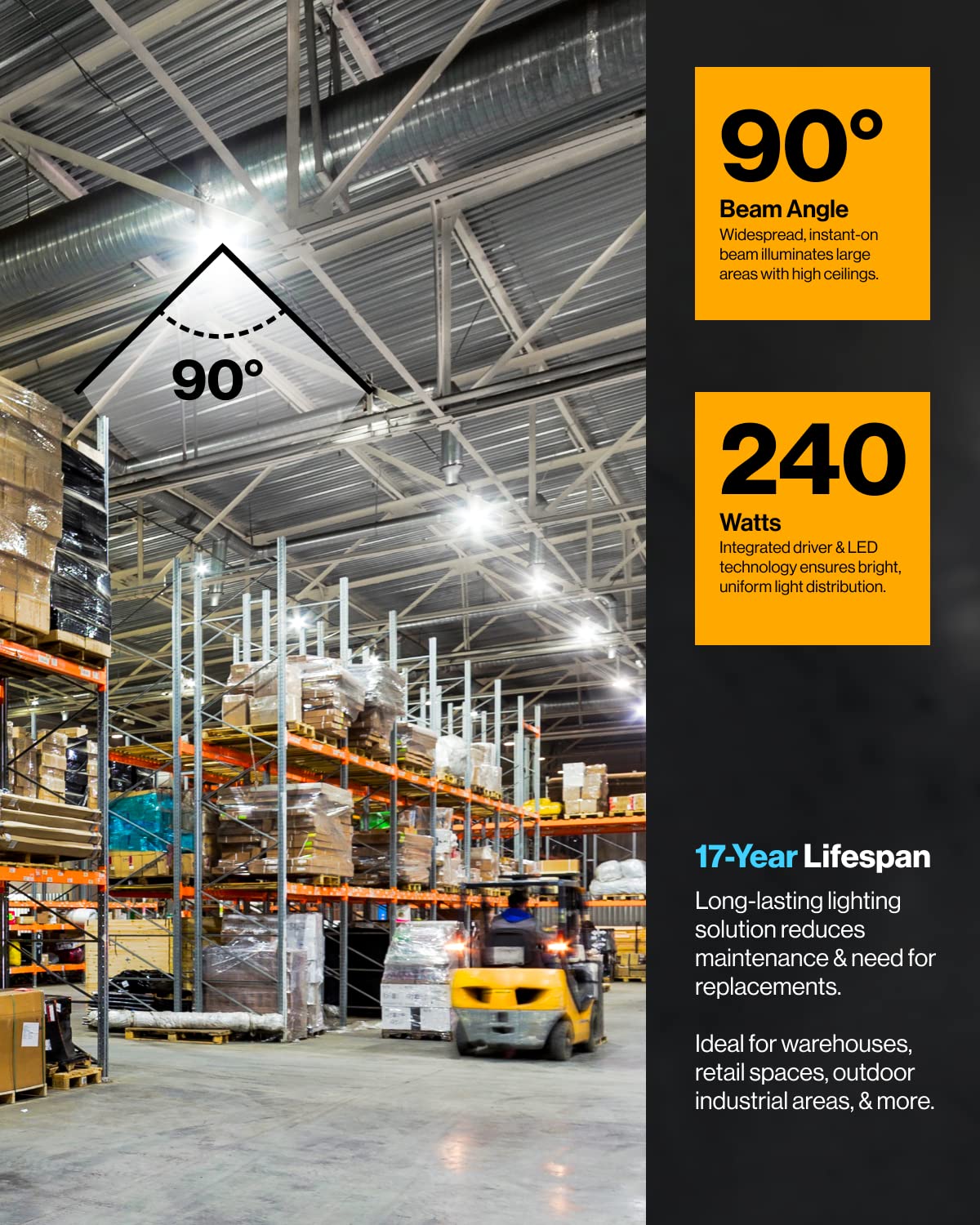 Sunco Ufo Led High Bay Light, Lighting For Warehouse, 5000K Daylight, 240W, 34800 Lm, 100-277V, Dimmable 0-10V, Ip65 Waterproof