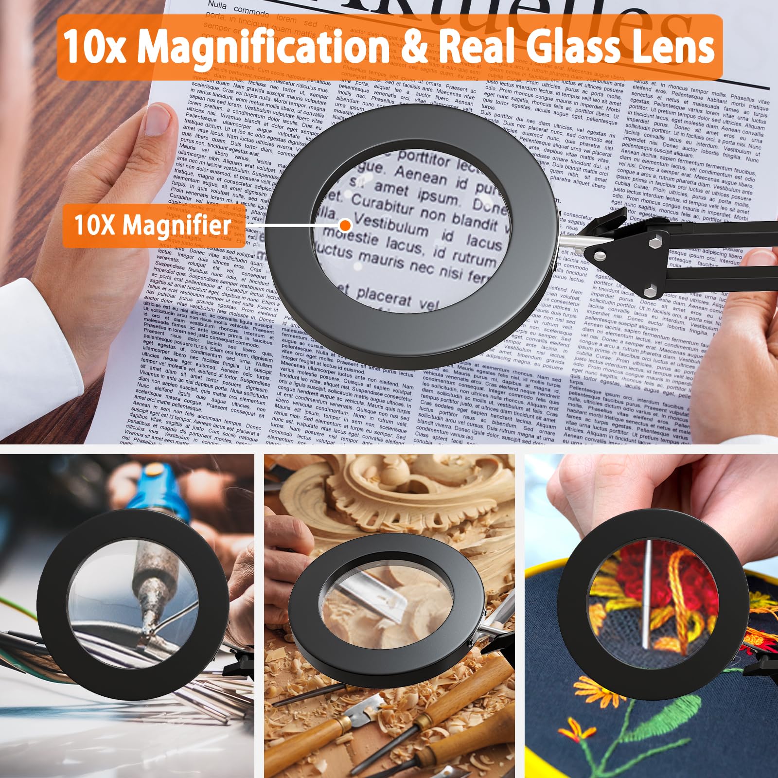10X Magnifying Glass With Light And Stand, Real Glass 2-In-1 Desk Lamp & Clamp, Craft Light Lamp With 3 Color Modes, Led Lighted