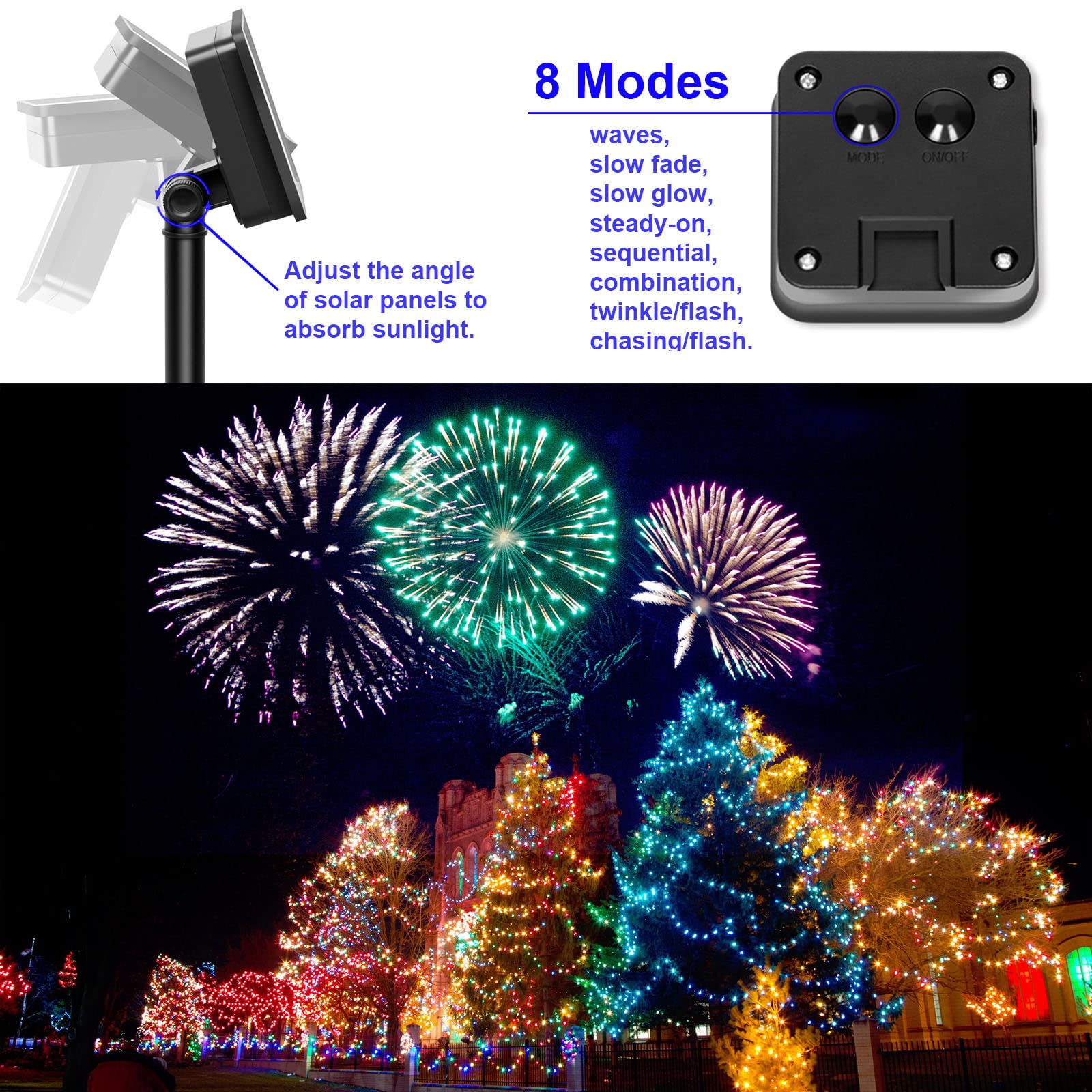 YAOZHOU Solar Christmas String Lights 100 LED Waterproof 8 Modes Copper Multicolor 2 Pack for Outdoor Garden Balcony
