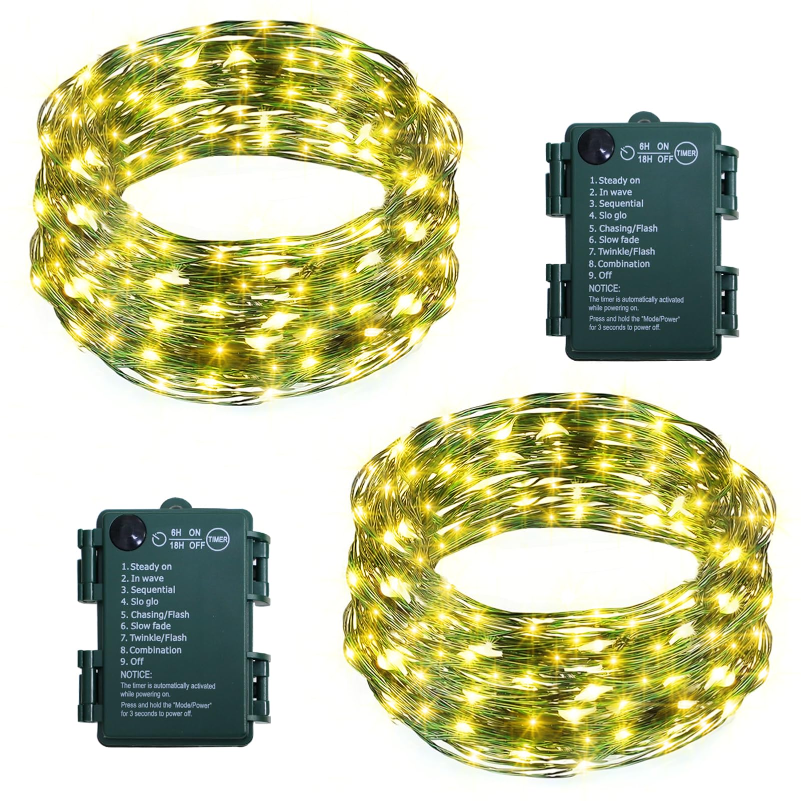 2 Pack Christmas Fairy Lights Battery Operated, Total 66Ft 200 LED String Light with Auto Timer 8 Modes Green Copper Wire Twinkl