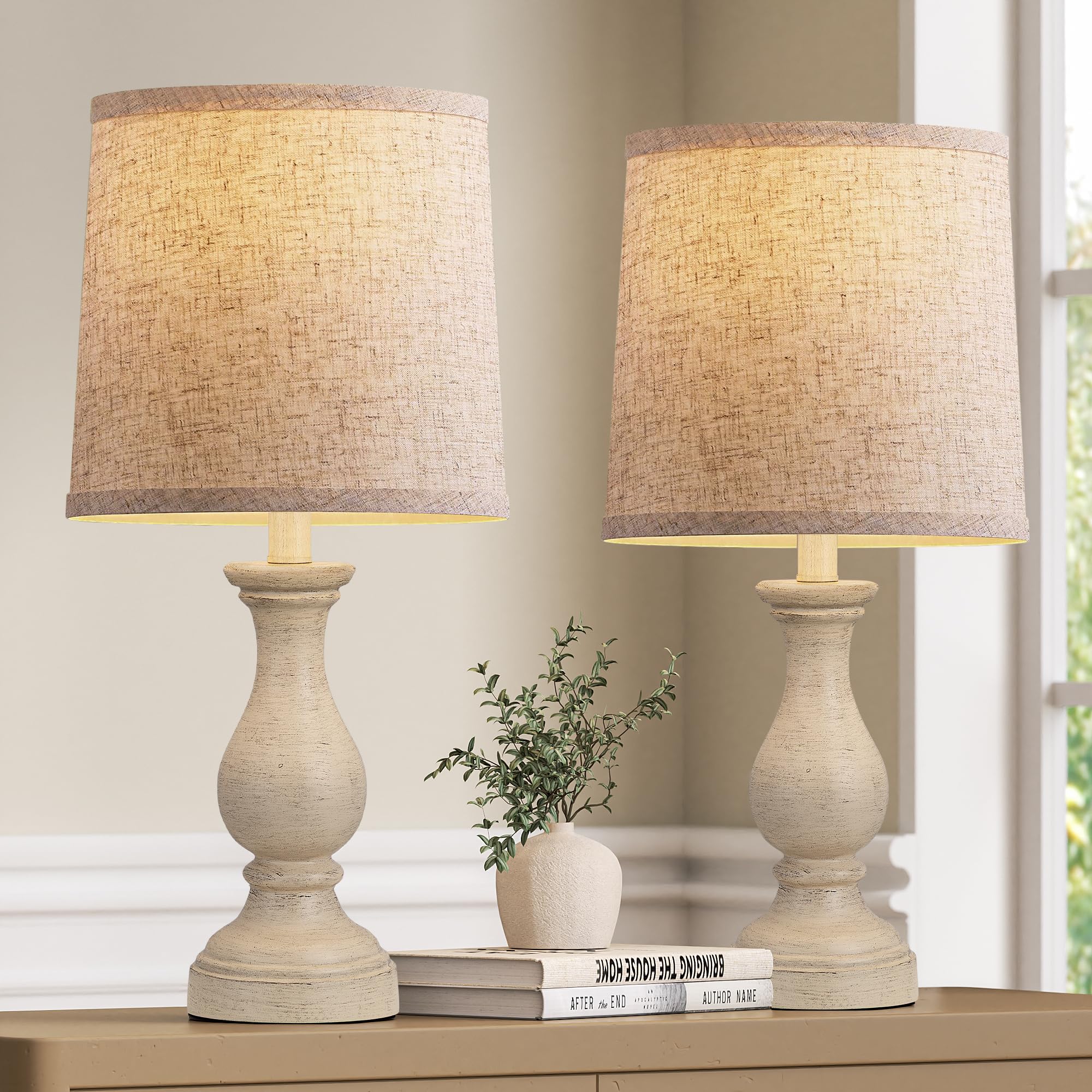 Seealle Farmhouse Table Lamps Set of 2 - Rustic Lamp for Bedroom Living Room  22 Boho Bedside Lamps for Night Stands End Table Office Desk Lamp Nightstand Clearance with Linen Shades(Antique White)