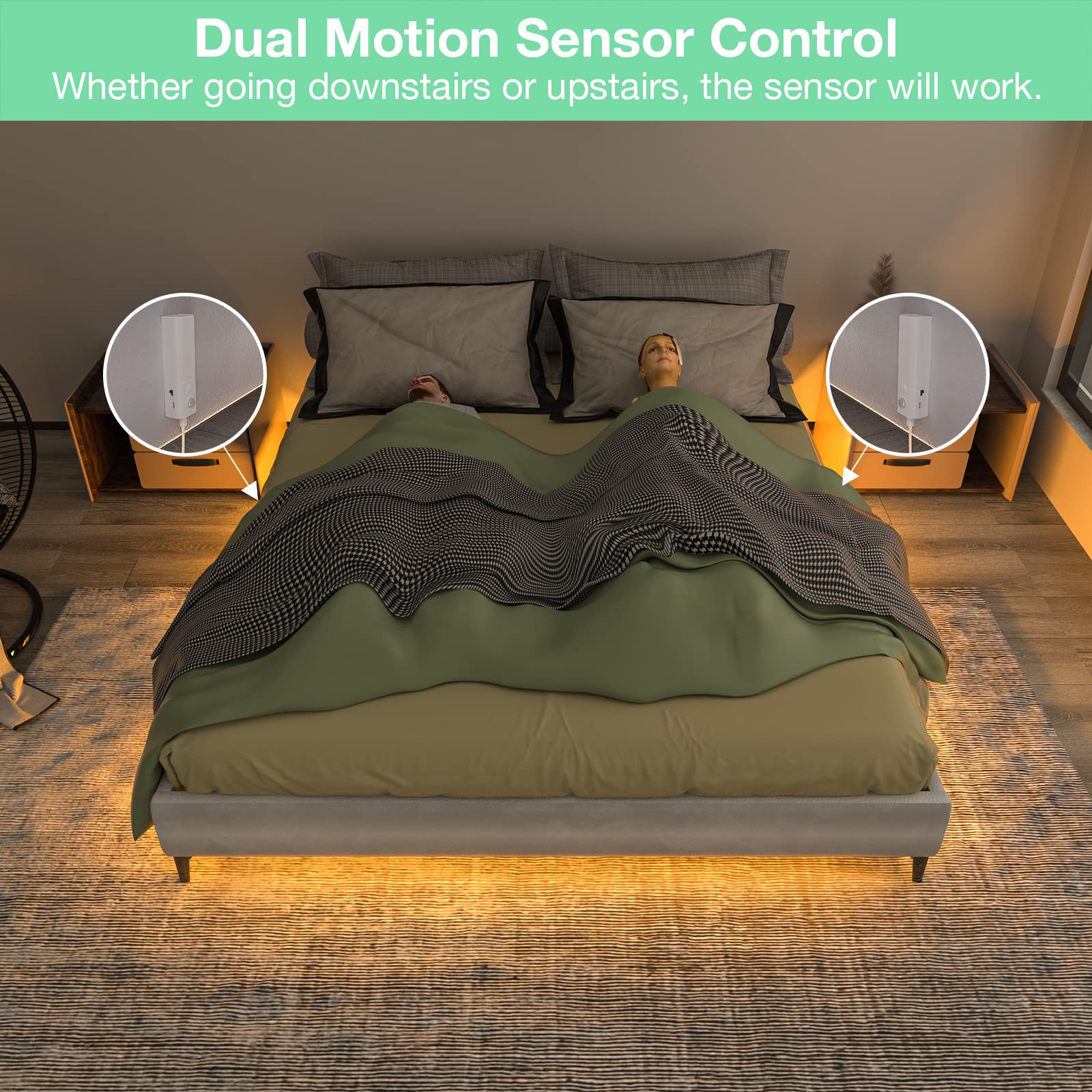 WOBANE Dual Motion Sensor Under Bed Lights, 16.4ft LED Tape Light, Flexible, Rechargeable, Warm White, Model CL13-2700, Battery Powered