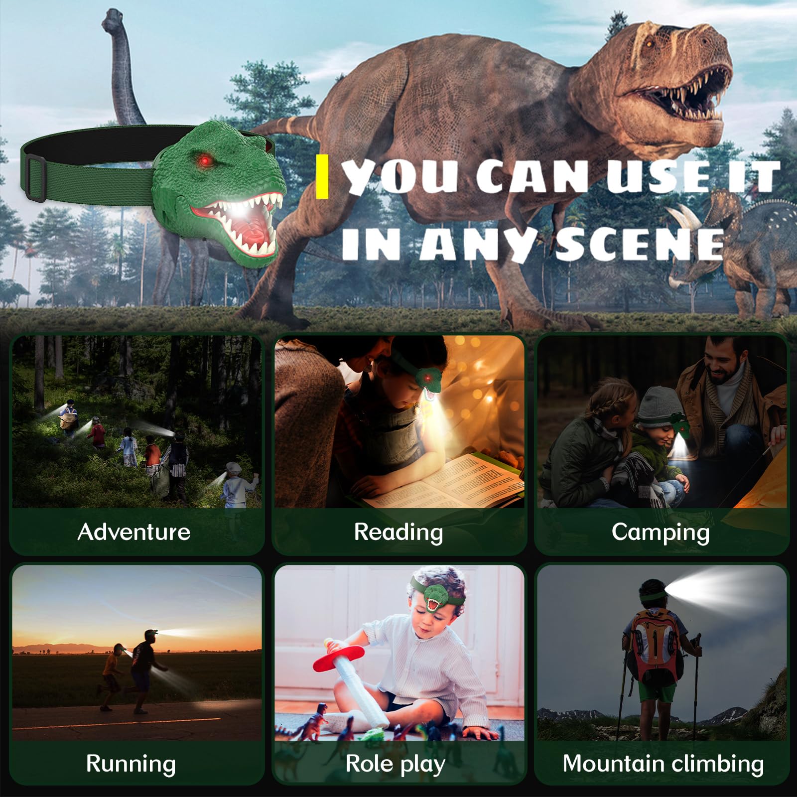 Dysaim Dinosaur Headlamp For Kids Flashlight Outdoor Camping Gear Led Reading Head Lamp, Hiking Accessories Headlight For Kids O