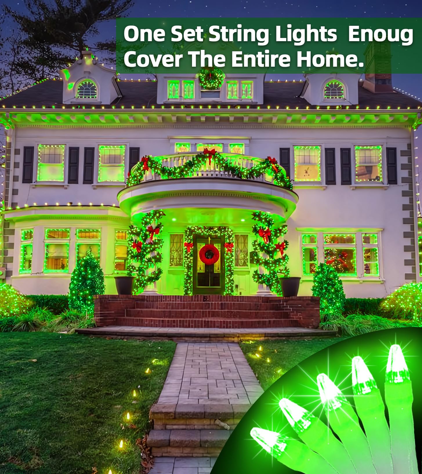 QUHUATU 750 LED Christmas String Lights, 246FT Waterproof, 8 Modes, Green, Model WX-750L