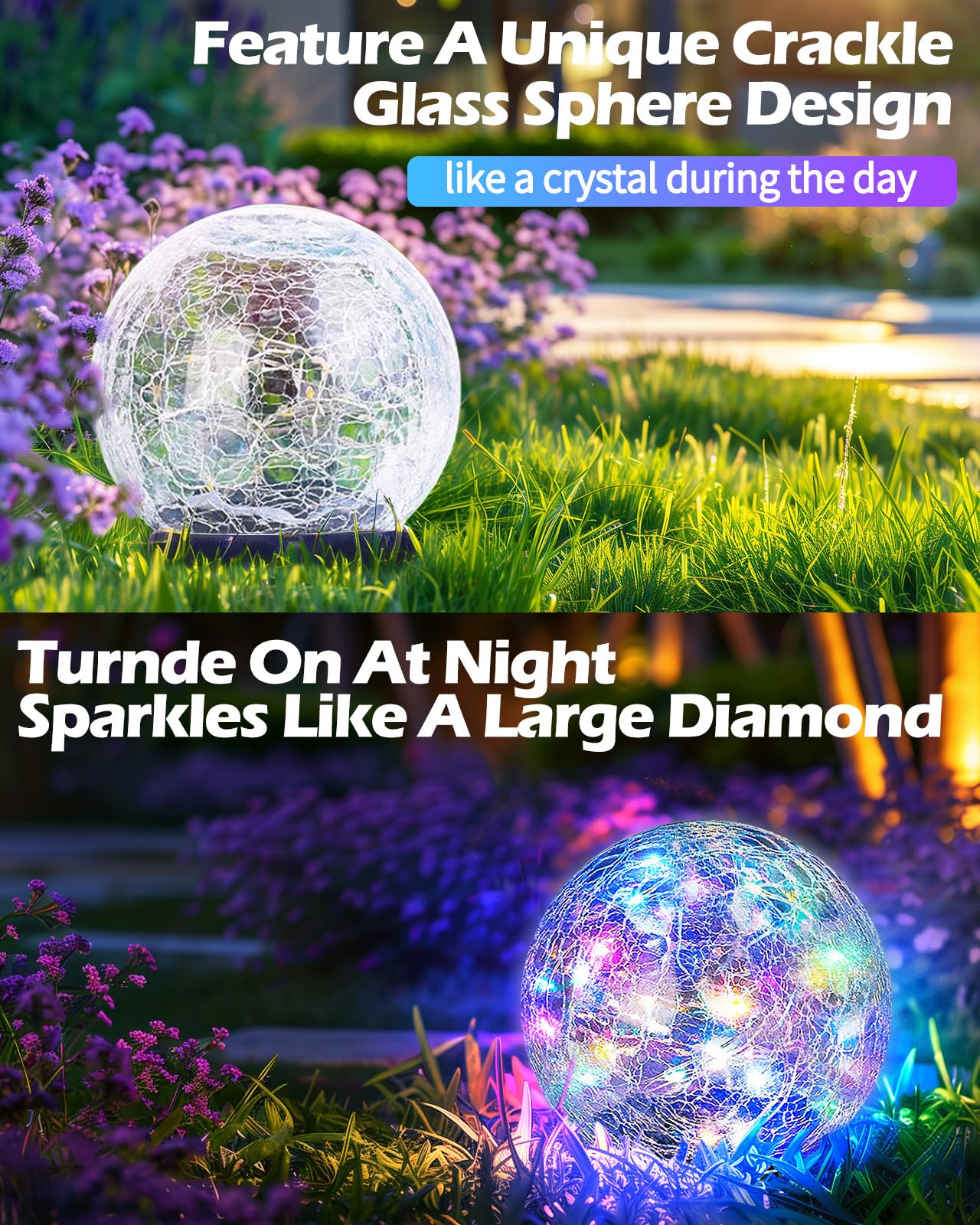 Garden Solar Ball Lights Outdoor Waterproof, 30 Led Cracked Glass Globe Solar Power Ground Lights For Path Yard Patio Lawn, Chri