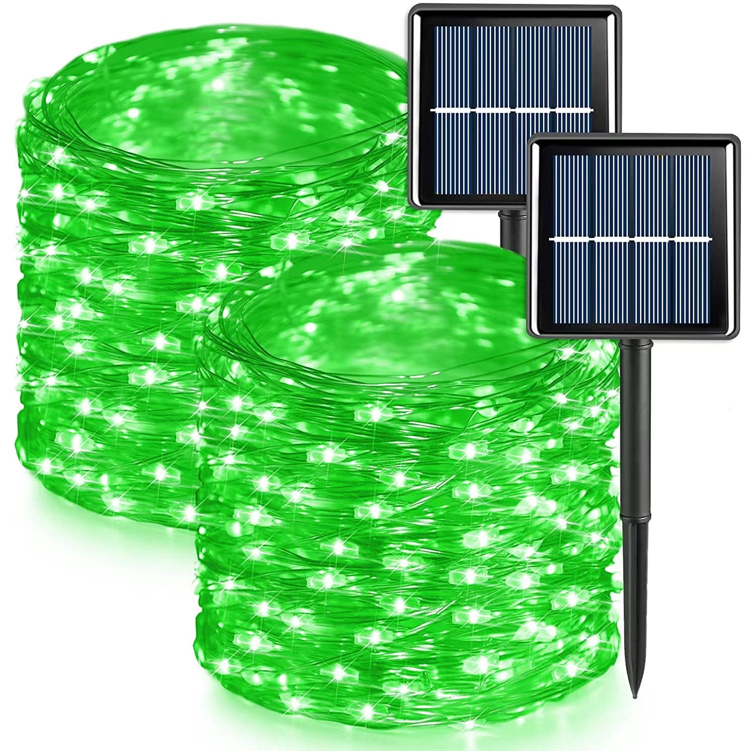 Qitong 2 Pack Green Solar Fairy Lights, Each 66Ft 200 Led Solar String Light, 8 Modes Silver Wire Solar Twinkle Mini Lights