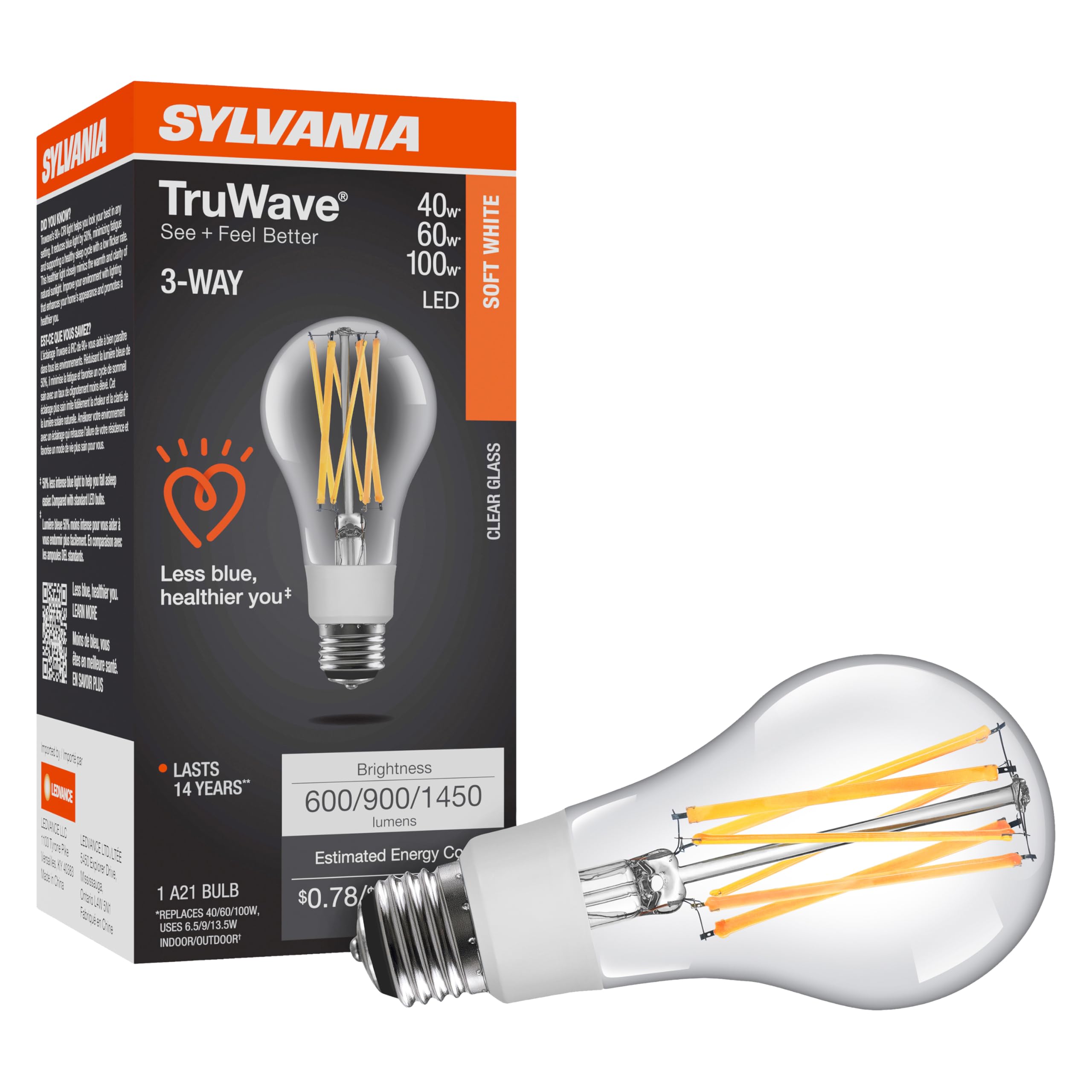 LEDVANCE SYLVANIA 3-Way A21 Light Bulb, 40/60/100W Equivalent, Soft White, Clear Glass, Model 40769, 1 Count
