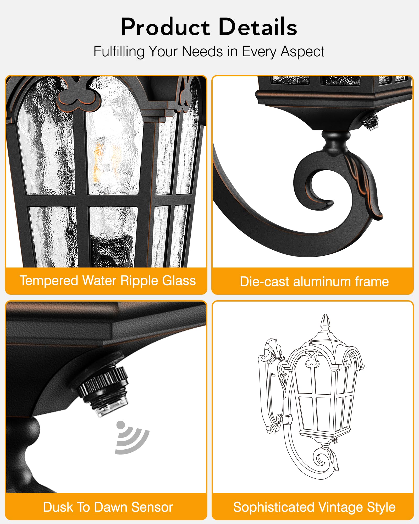 Vianis Outdoor Lights For Porch  Black Dusk To Dawn Outside Lighting With Gold Trim  Porch Lights Outdoor With Tempered Water Ripple Glass For Garden  Patio  Entryway  Waterproof Anti-Rust