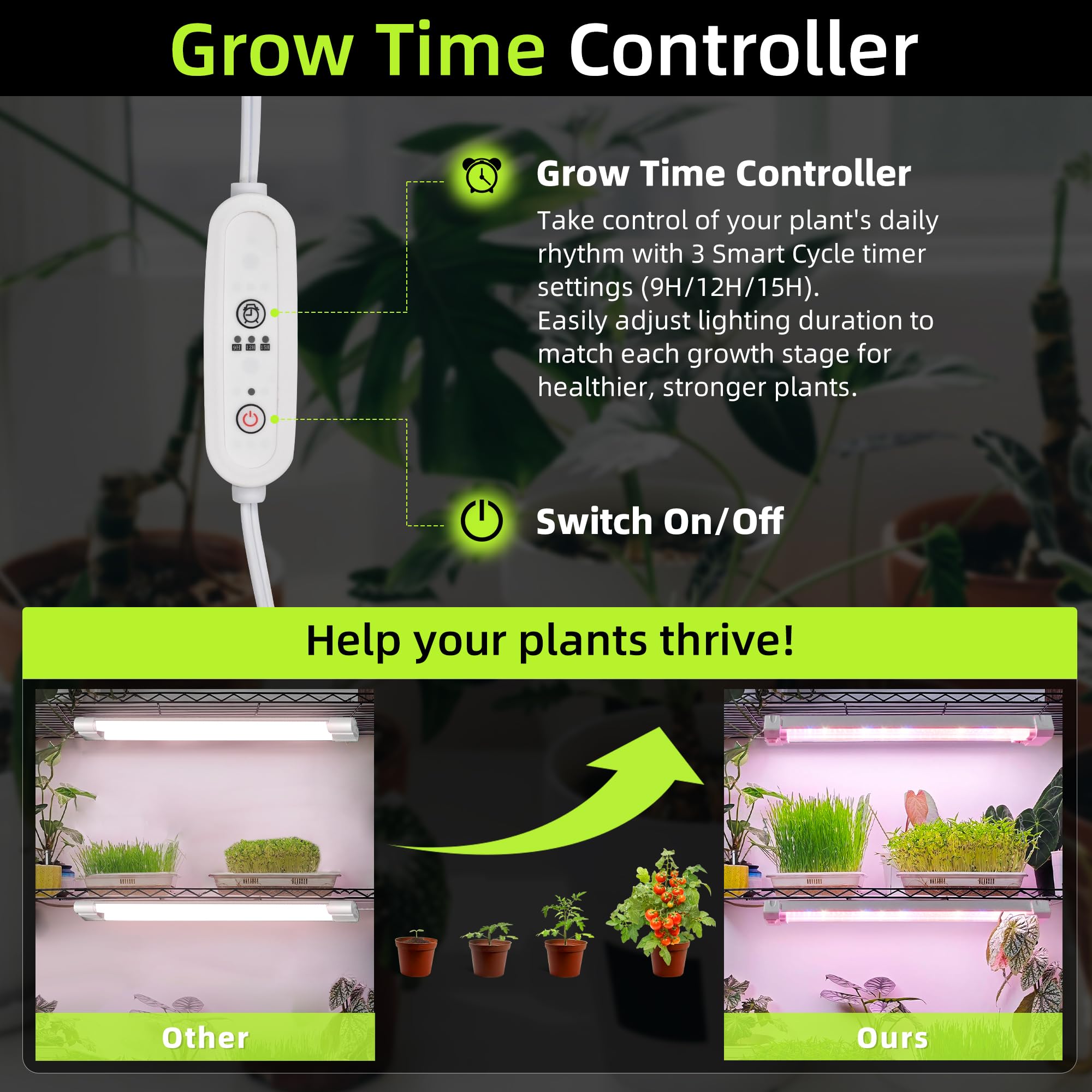 Hlite 16in Adjustable Full Spectrum Plant Growing Lamp, Linkable, White, Model HBGL-MN2F-GRO, Includes Timer