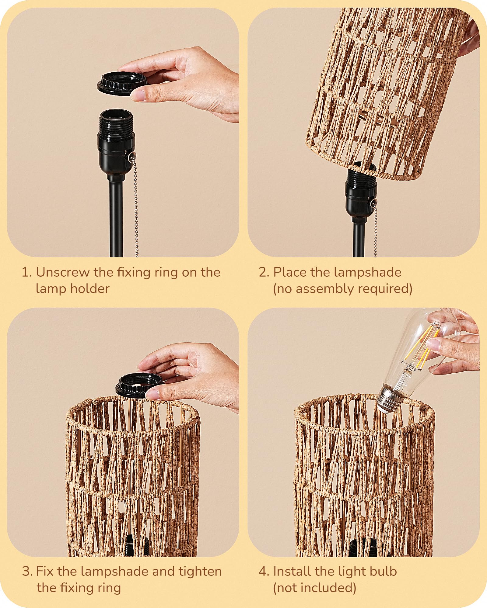 Edishine 19.1'' Rattan Table Lamp, Tall Bedside Lamp With W-Knit Lampshade, Pull-Chain Switch & E26 Socket, Metal Base Boho Nigh