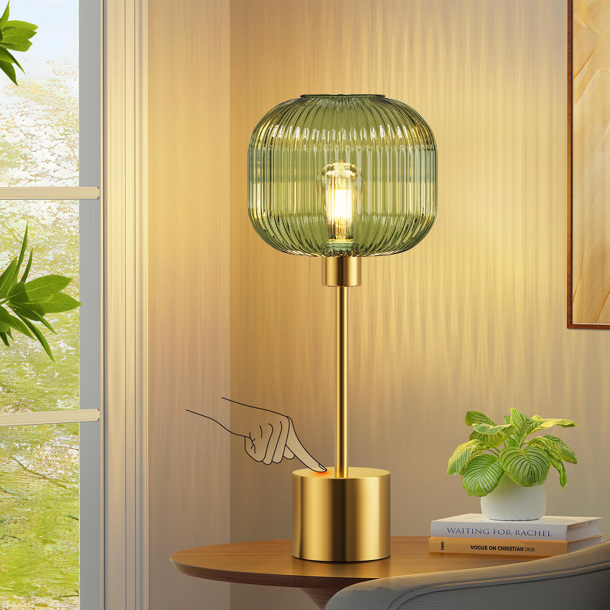 QiMH Glass Table Lamp for Living Room  Modern Bedside Lamp with Green Ribbed Glass Shade  3-Way Dimmable Touch Control Nightstand Lamp for Bedroom  Brushed Gold (2700K LED Bulb Included)