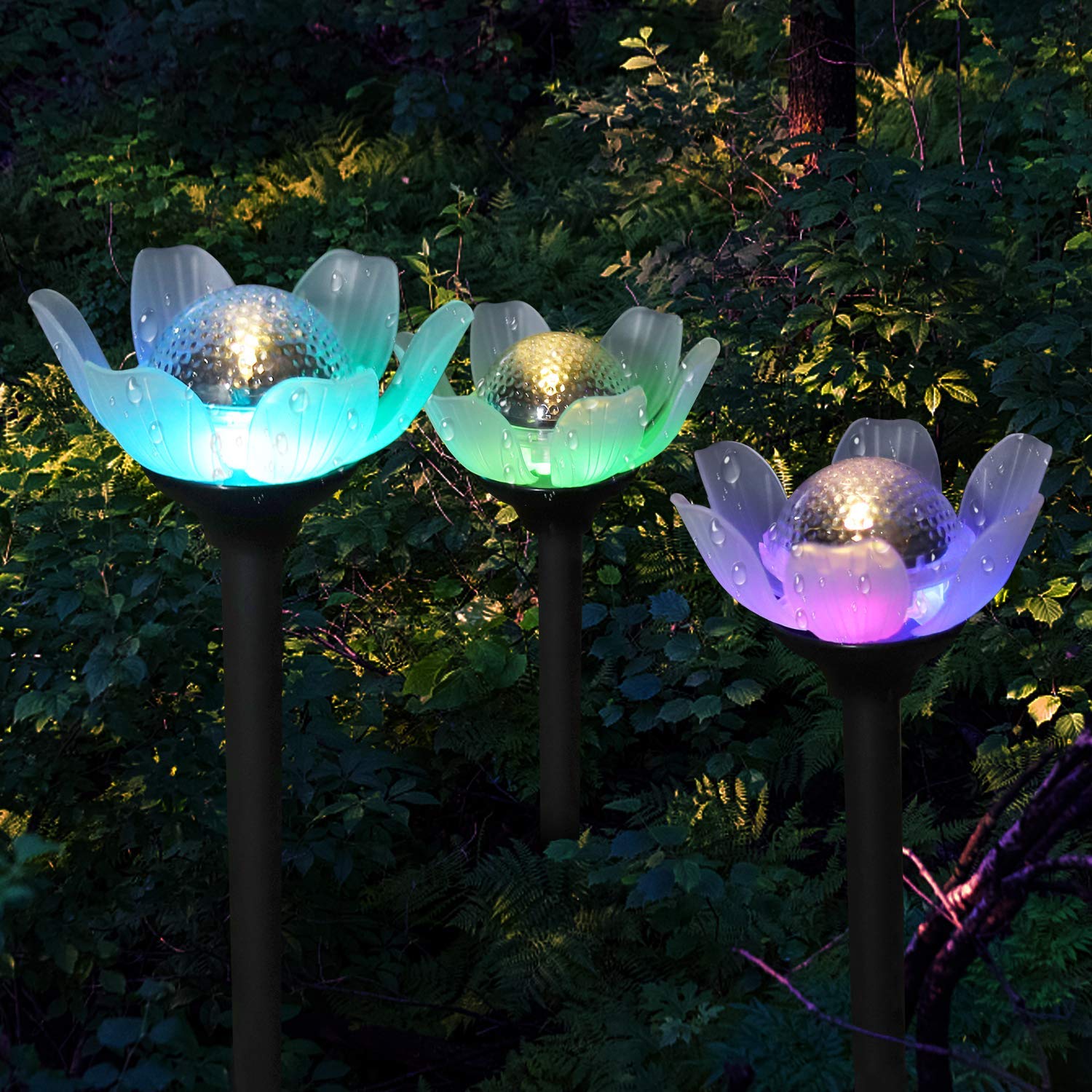 Kinna Solar Lotus Lights - 6 Pack Decorative LED Outdoor Garden Stake Lights - Warm White & Multi-Color - for Lawn & Patio