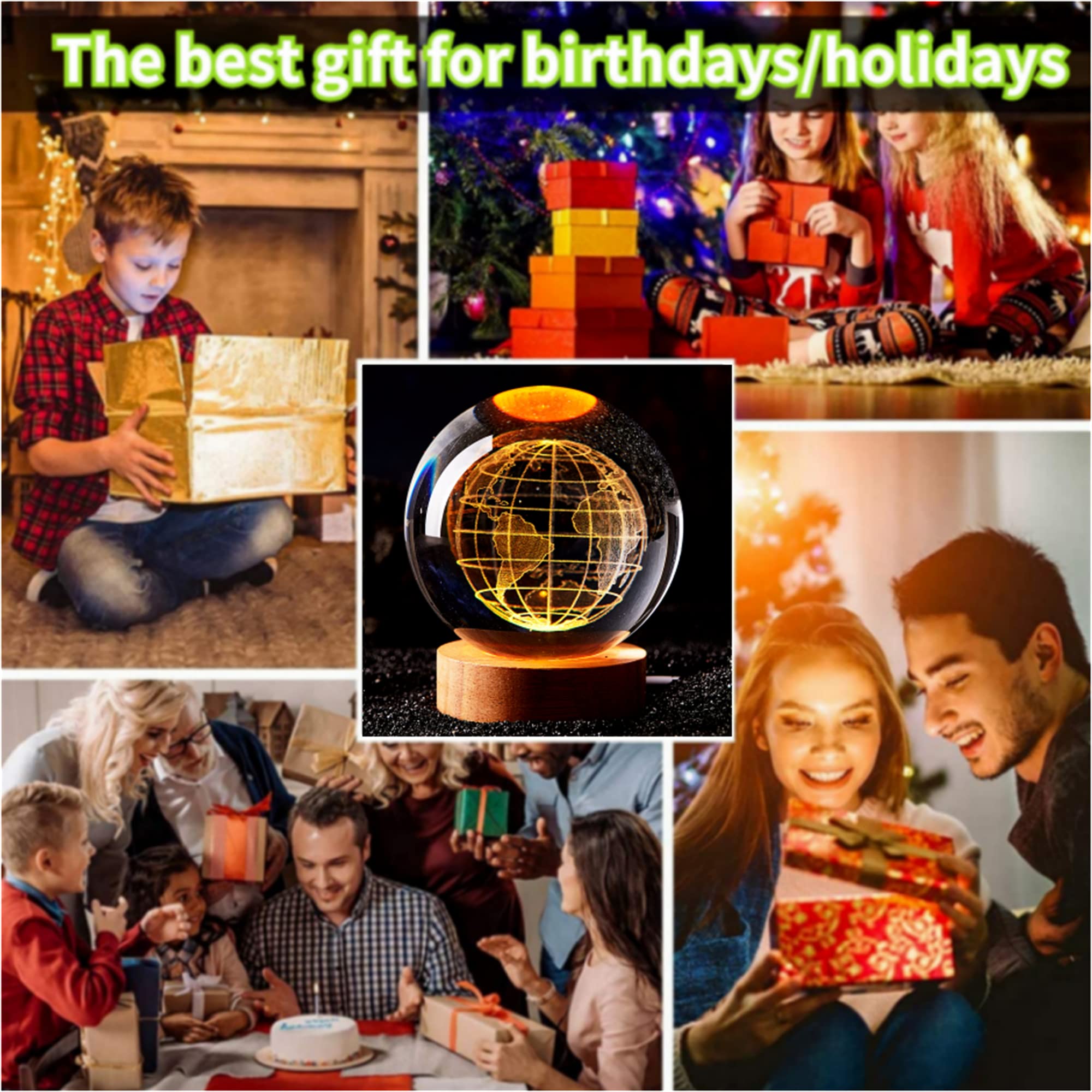 3D Earth Crystal Ball Lamp,3.15 Inch K9 Crystal Ball Night Light With Wooden Base,Lifelike 3D Led Night Light,16 Colors Changing