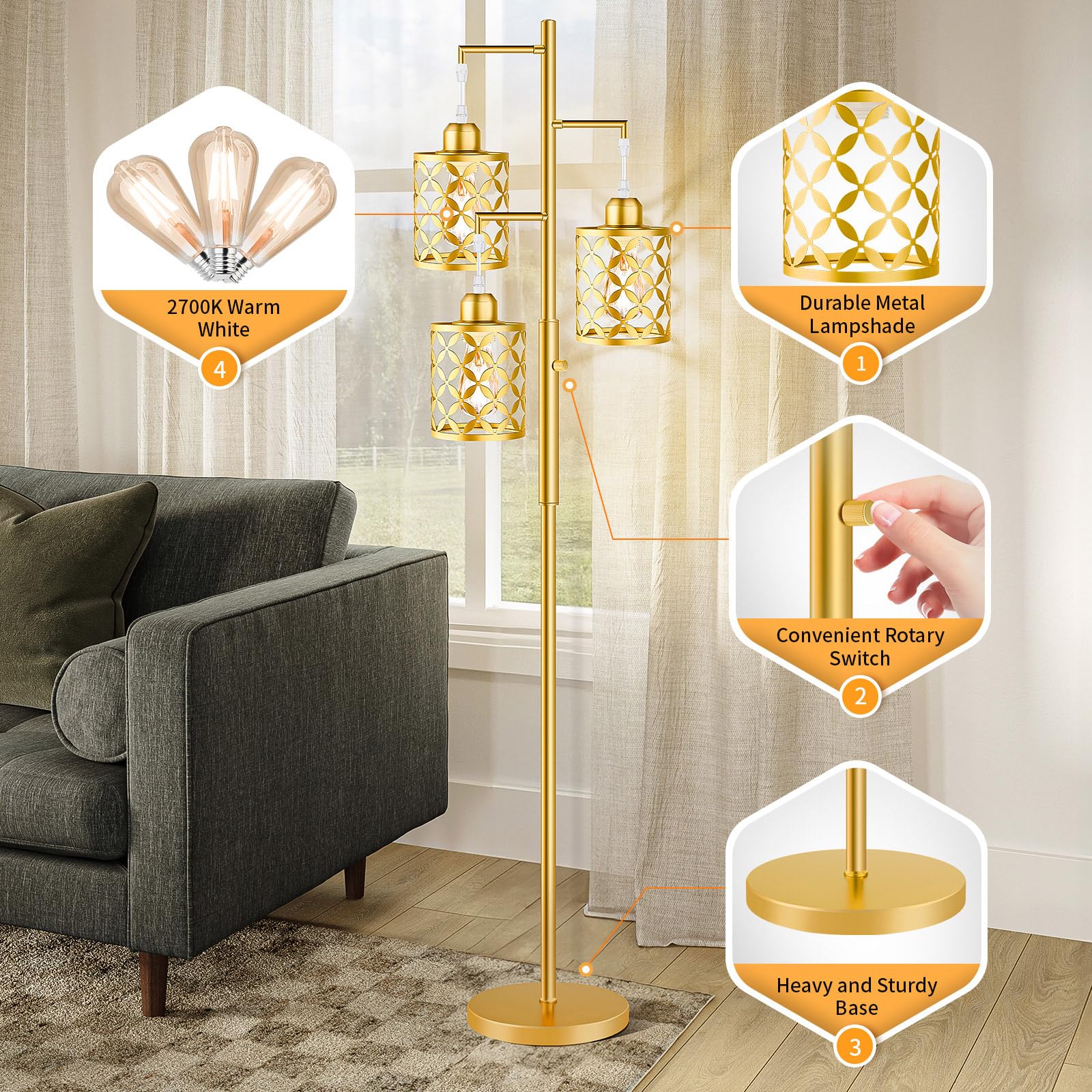 Ghoocemlux 68'' Dimmable Floor Lamp, Modern Standing Lamp With Elegant Metal Cage, Industrial Tall Tree Floor Lamps For Living R