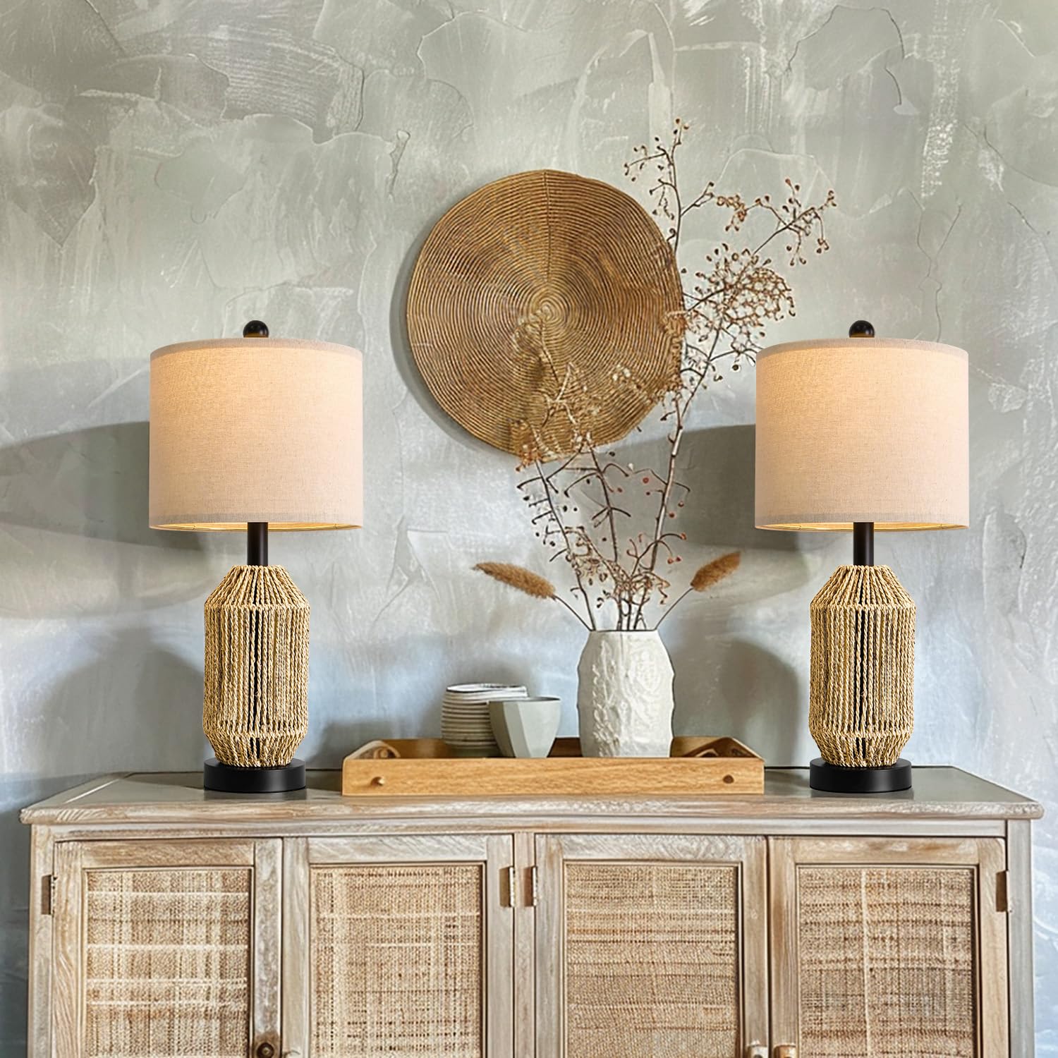 OYEARS 21'' Boho Table Lamps Set of 2 for Living Room, Bedside Lamps for Nightstand, Rattan Lamp for Bedroom, Farmhouse Table La