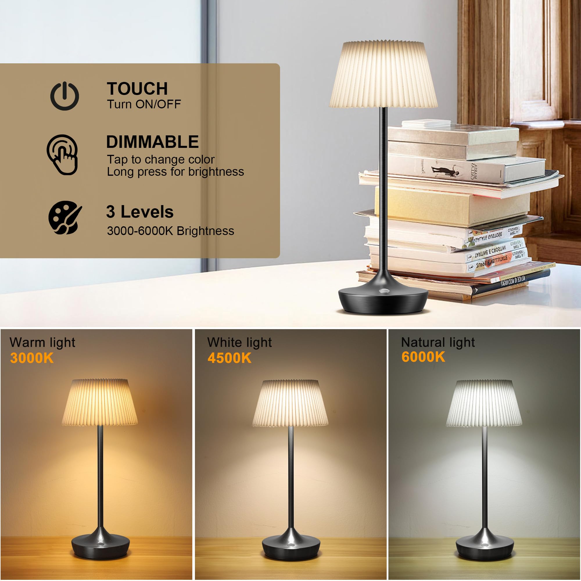 YHT 2 Pack Cordless Table Lamp Rechargeable,6000mAh Battery Operated LED Desk Lamp,Portable Outdoor Waterproof 3-Color Touch Dim