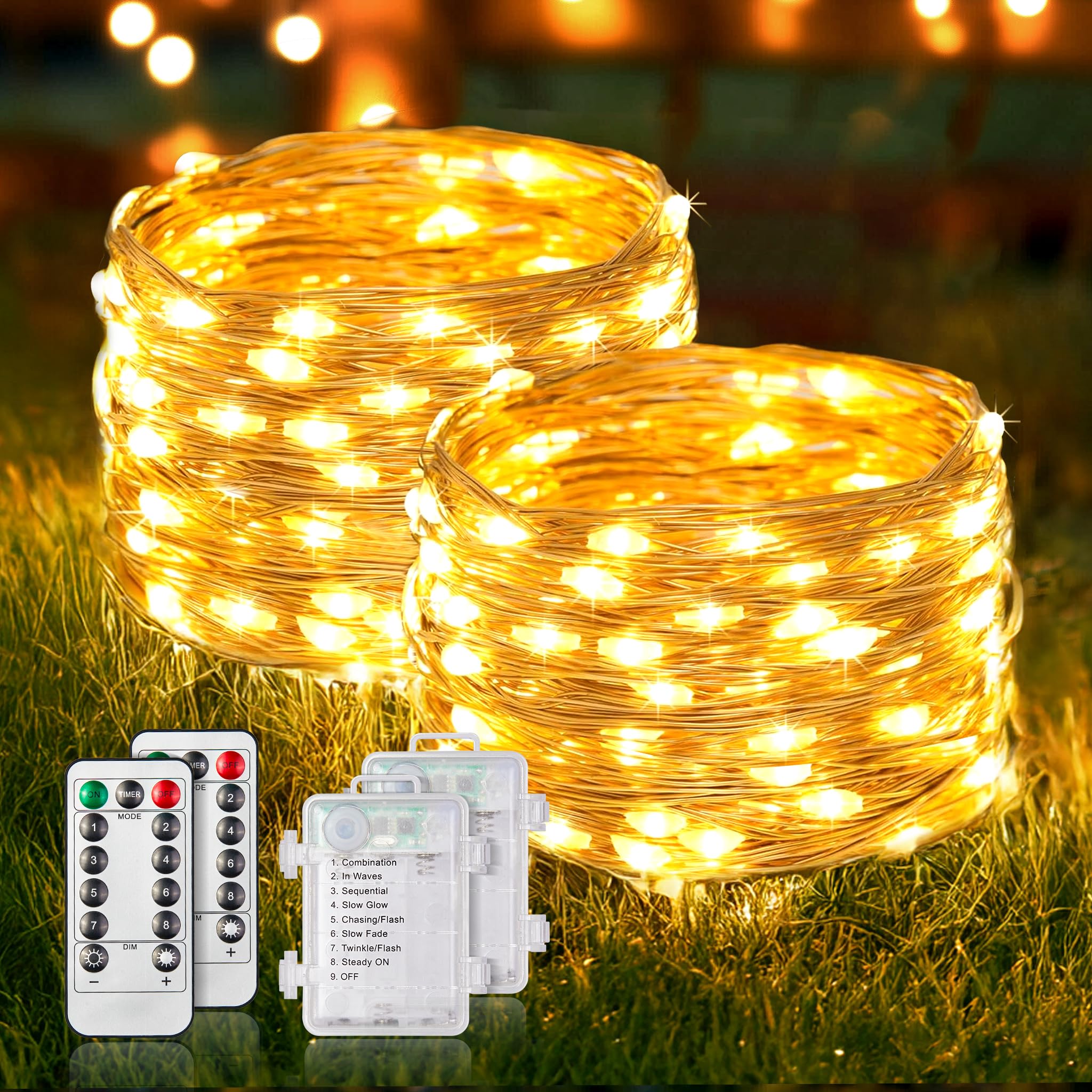 HALHSAP Fairy Lights 33ft 100 LED Warm White Battery Operated String Lights 2 PACK Waterproof with Remote for Indoor Outdoor Decorations