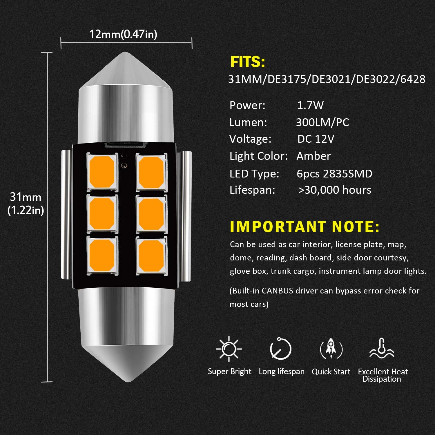 AUXLIGHT LED Festoon Bulbs, Amber Yellow, 31MM, Canbus Error Free, Super Bright 6SMD Chips, Pack of 6