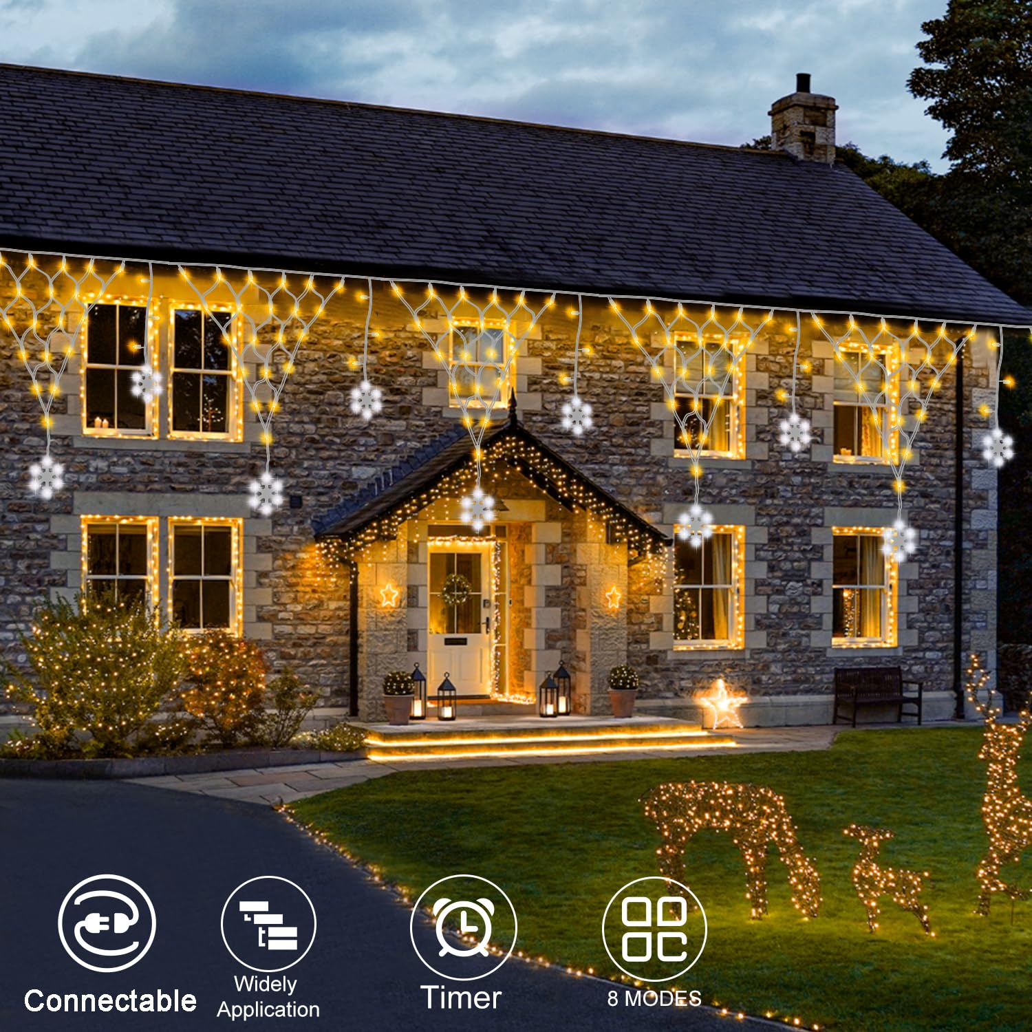 Dbfairy Christmas Net Lights Outdoor 207 Led Net Lights 13.1Ft(L) X1.9Ft(H) With12Pcs Snowflake Drop Plug Dimmable Waterproof 8