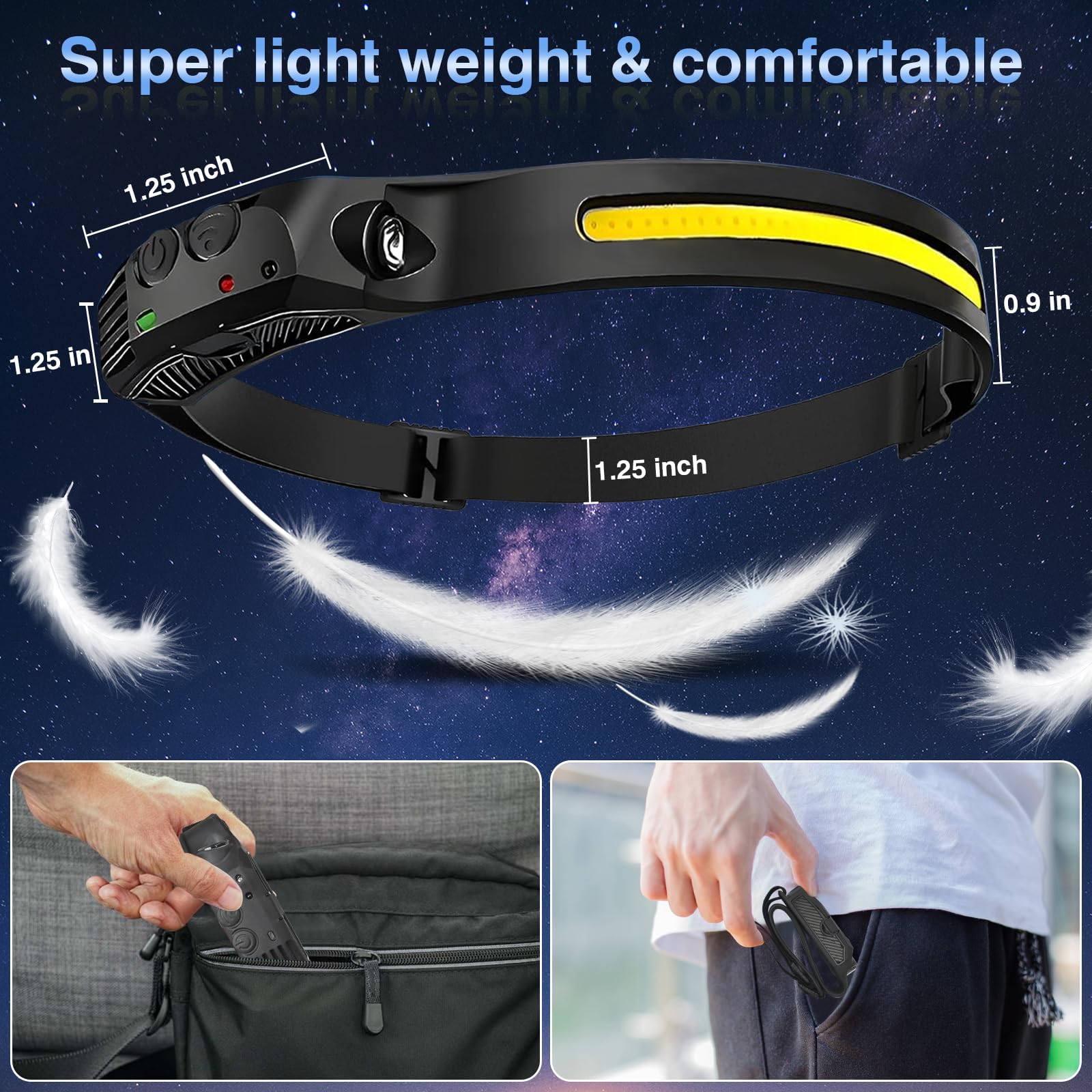 Rechargeable Headlamps 3Pcs,2000Mah Battery Powered Led Head Lamp Rechargeable,5Mode Bright Headlamps For Adults,Motion Sensor H