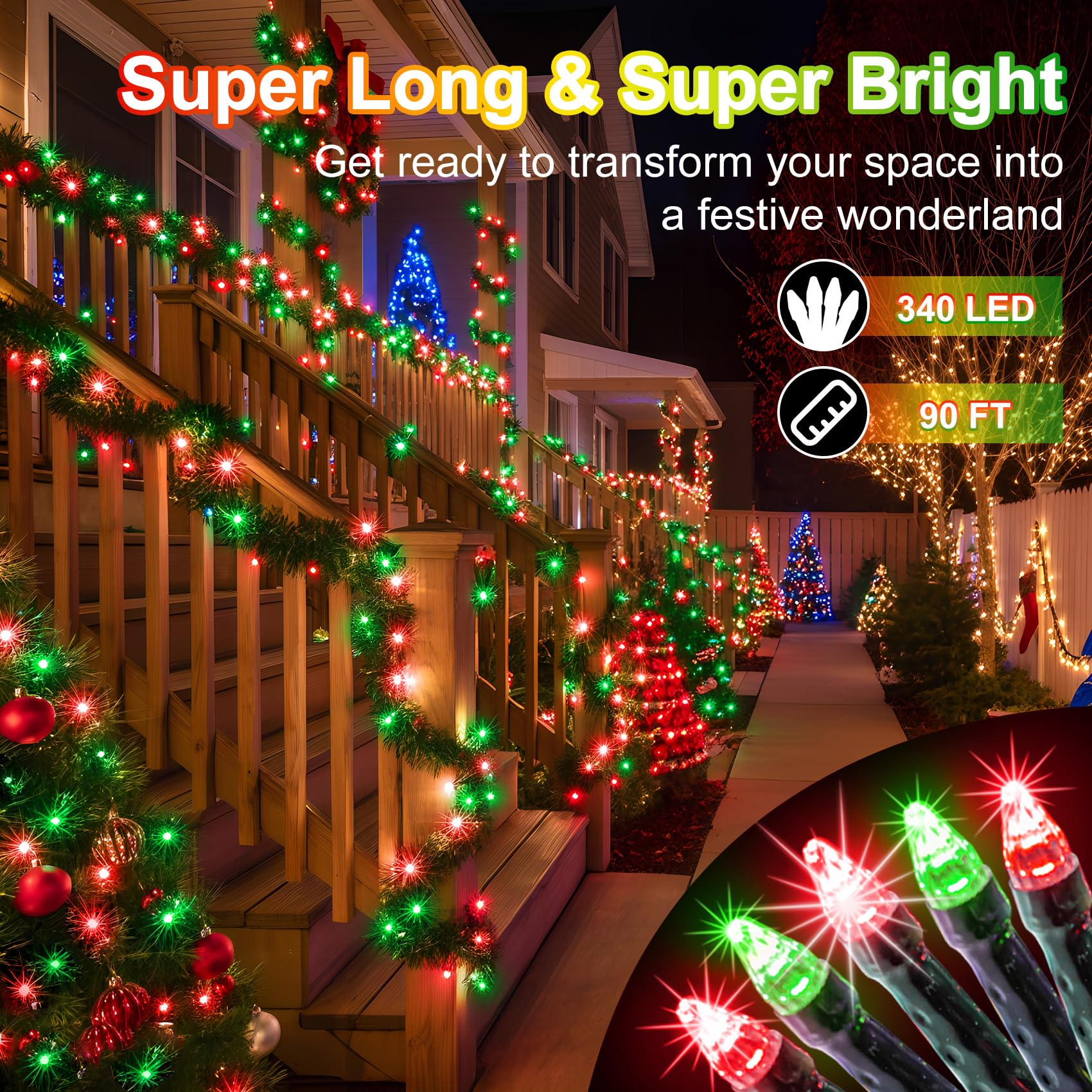 340 Led 90Ft Christmas String Lights Outdoor  12 Pro Modes And Timer Memory & Brightness  Plug In Waterproof Dark Green Wire Twinkle Light For For Xmas Yard Tree Wedding Party Decor (Red & Green)