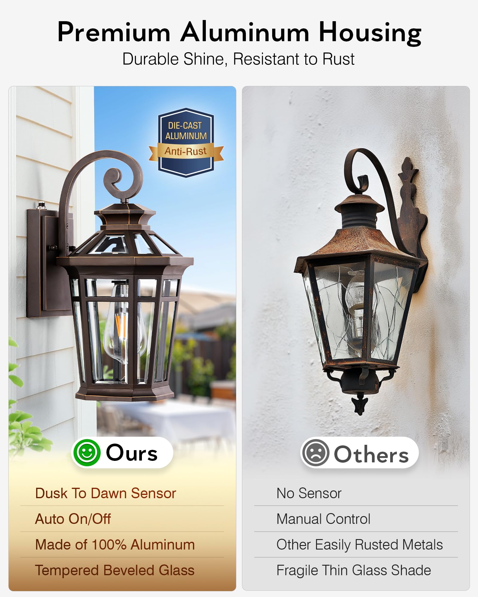 OPAXIS Outdoor Wall Lights 2-Pack, Oil Rubbed Bronze Dusk to Dawn Lantern, Modern Patio Sconce, Model P8105