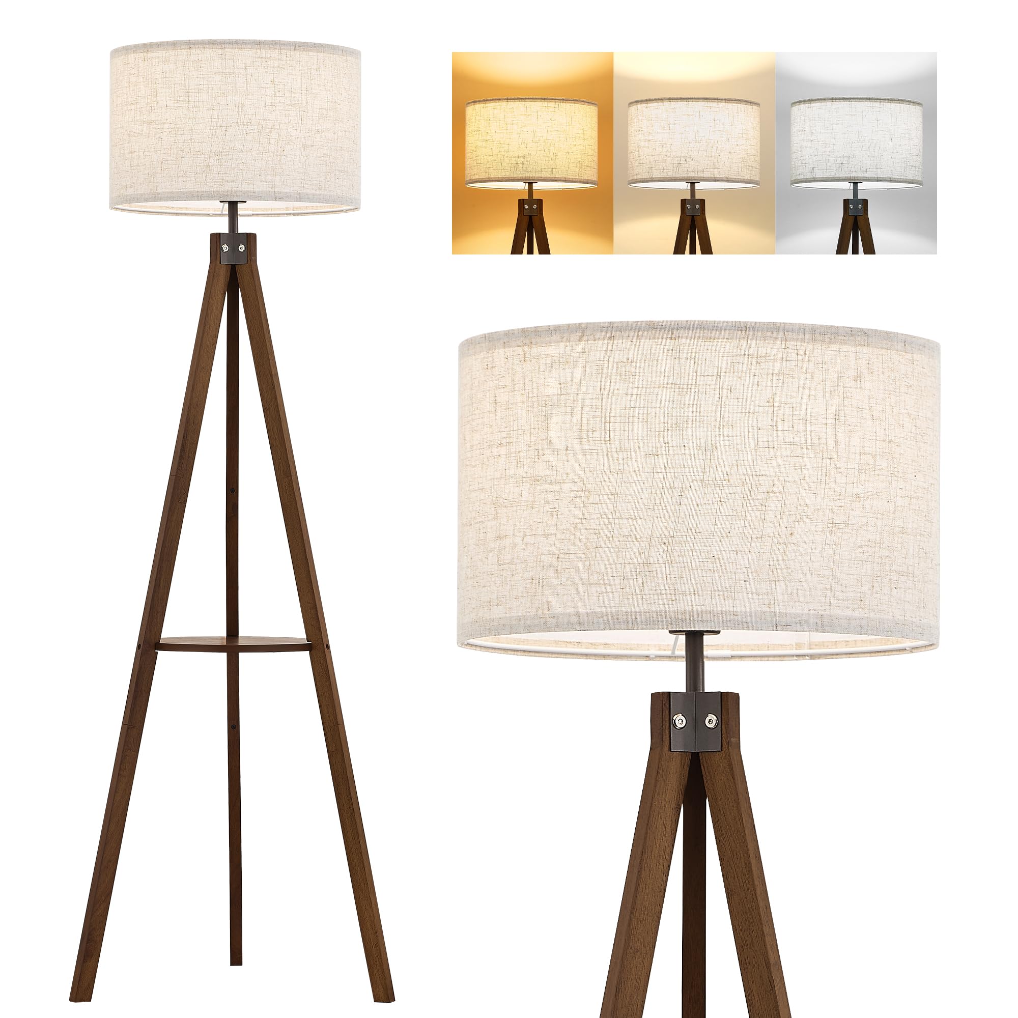 ELYONA Wood Tripod Floor Lamp with Table, Shelf Standing Light with 3 Color Temperatures LED Bulb, Mid Century Modern Wooden Tal
