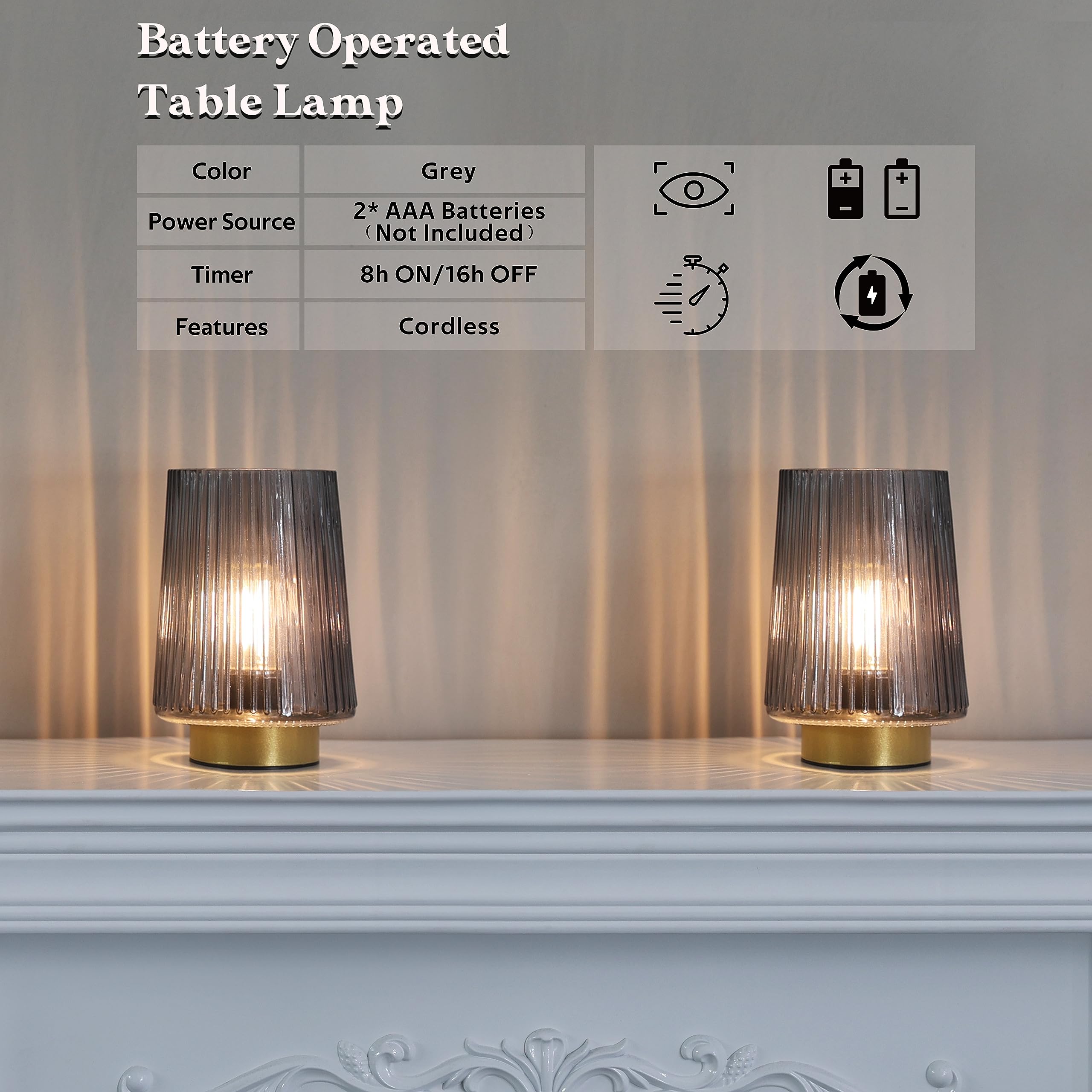 Lusharbor Battery Operated Table Lamp With Timer, Led Bulb, Grey