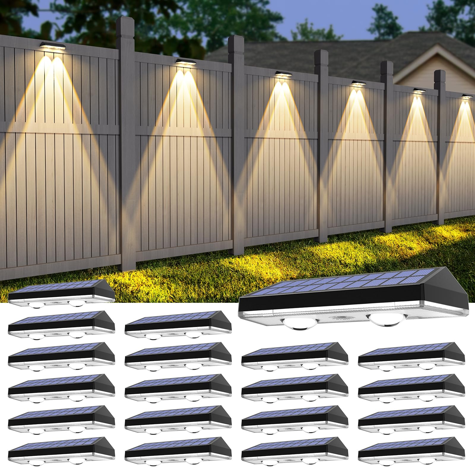Solar Fence Lights ,RGB & Warm White & 6 Colors Lens LED Dusk to Dawn Deck Light, Fence Solar Lights Outdoor Waterproof, Solar O