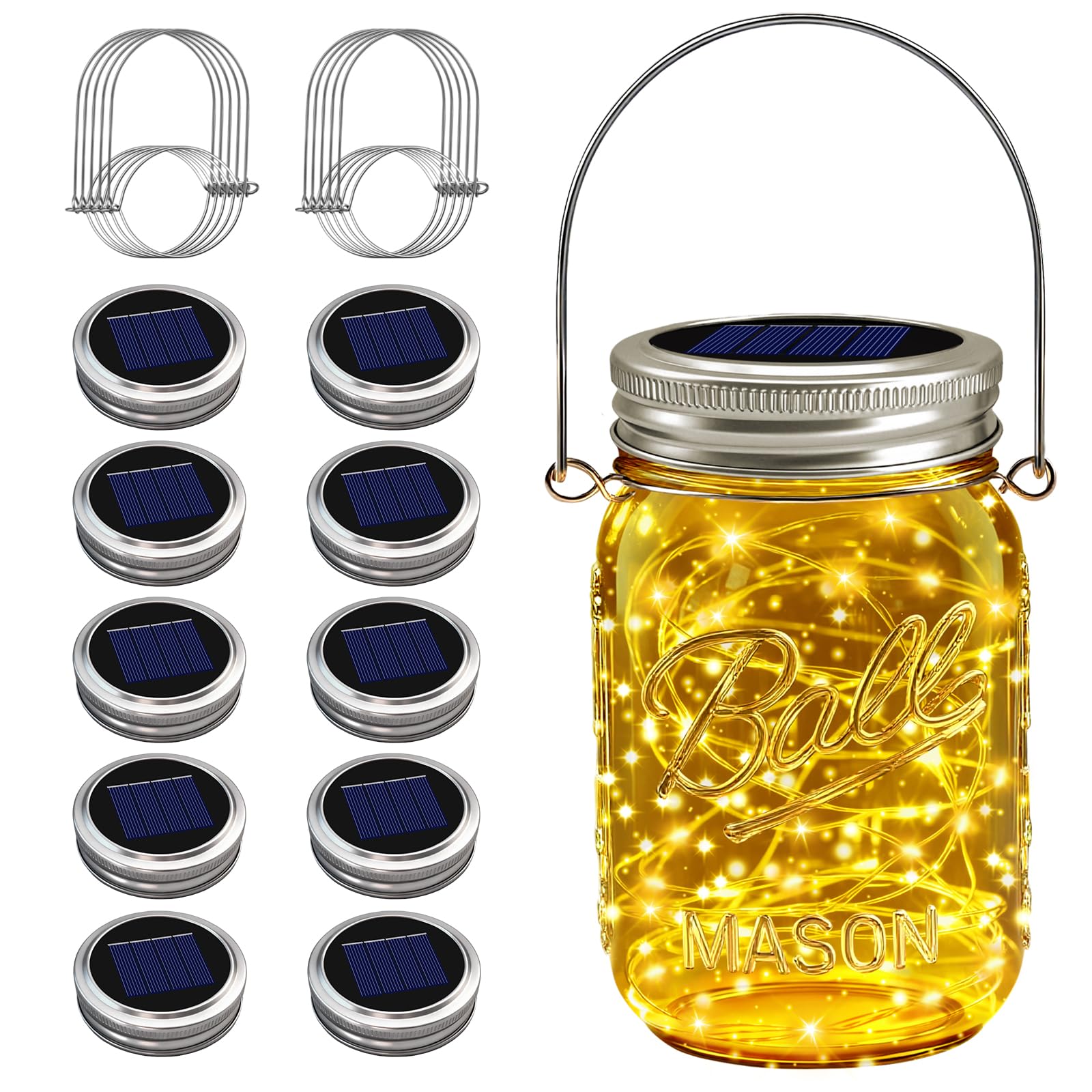 VOOKRY Solar Mason Jar Lights - 10 Pack 30 LED Waterproof Outdoor Fairy Firefly Jar Lids String Lights with Hangers (No Jars) fo