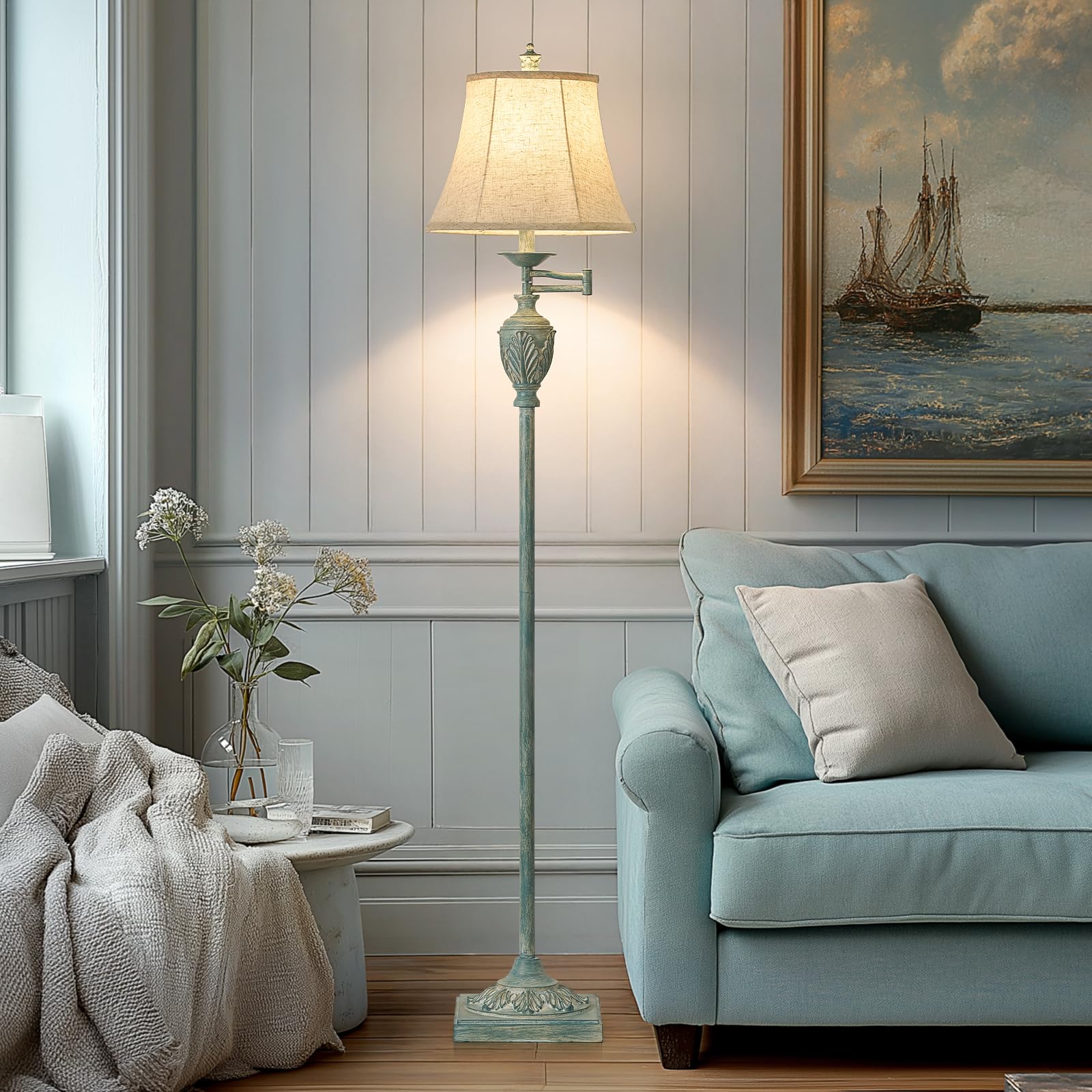 AIDENOEY Traditional LED Floor Lamp, 350° Adjustable Swing Arm, Antique Green, Model HYFLOOR007, Rustic Upright Light for Living Room, Bedroom
