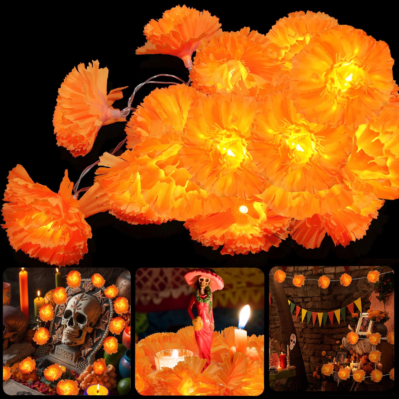 6 Pack Day Of The Dead Lighted Marigold Garland 10 Led Artificial Marigold Flowers String Lights Dia De Los Muertos Decorations For Halloween Diwali Indian Party (6  5 Ft 10 Led)