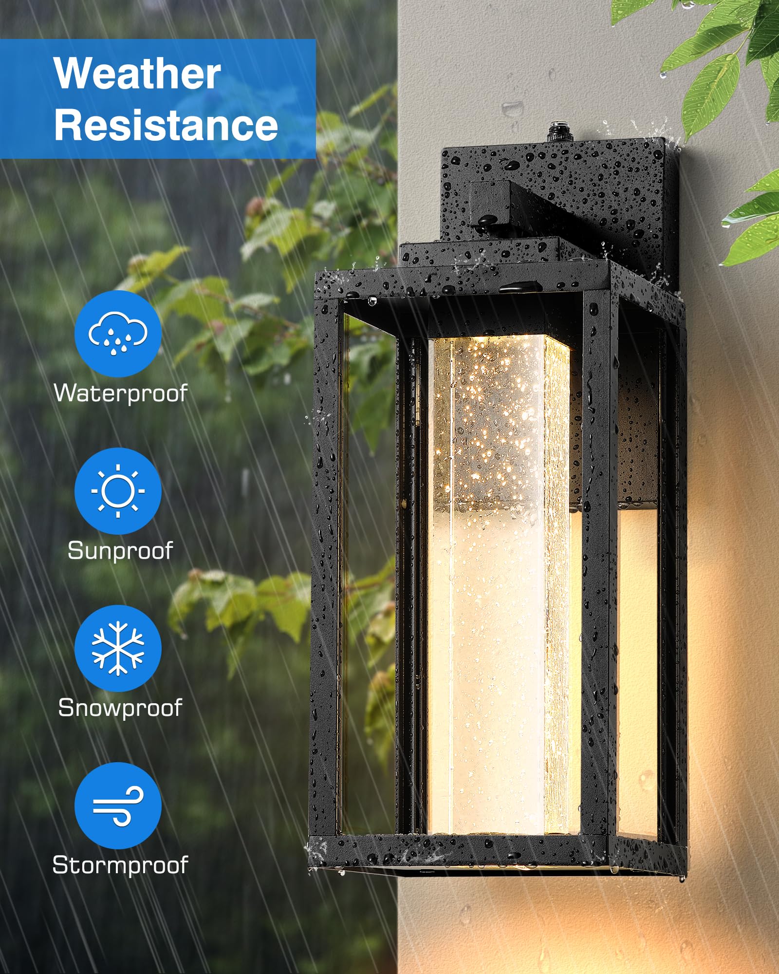VIANIS Large Wall Mount Exterior Lighting Fixtures, Black, 10W LED, Crystal Bubble Glass, 2-Pack, Model V8115M