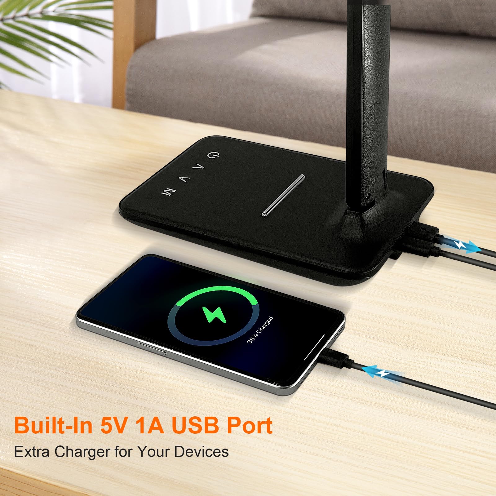 karidi LED Desk Lamp, Dimmable, 5 Lighting Modes, USB Charging Port, Foldable, Black, Model TX26A