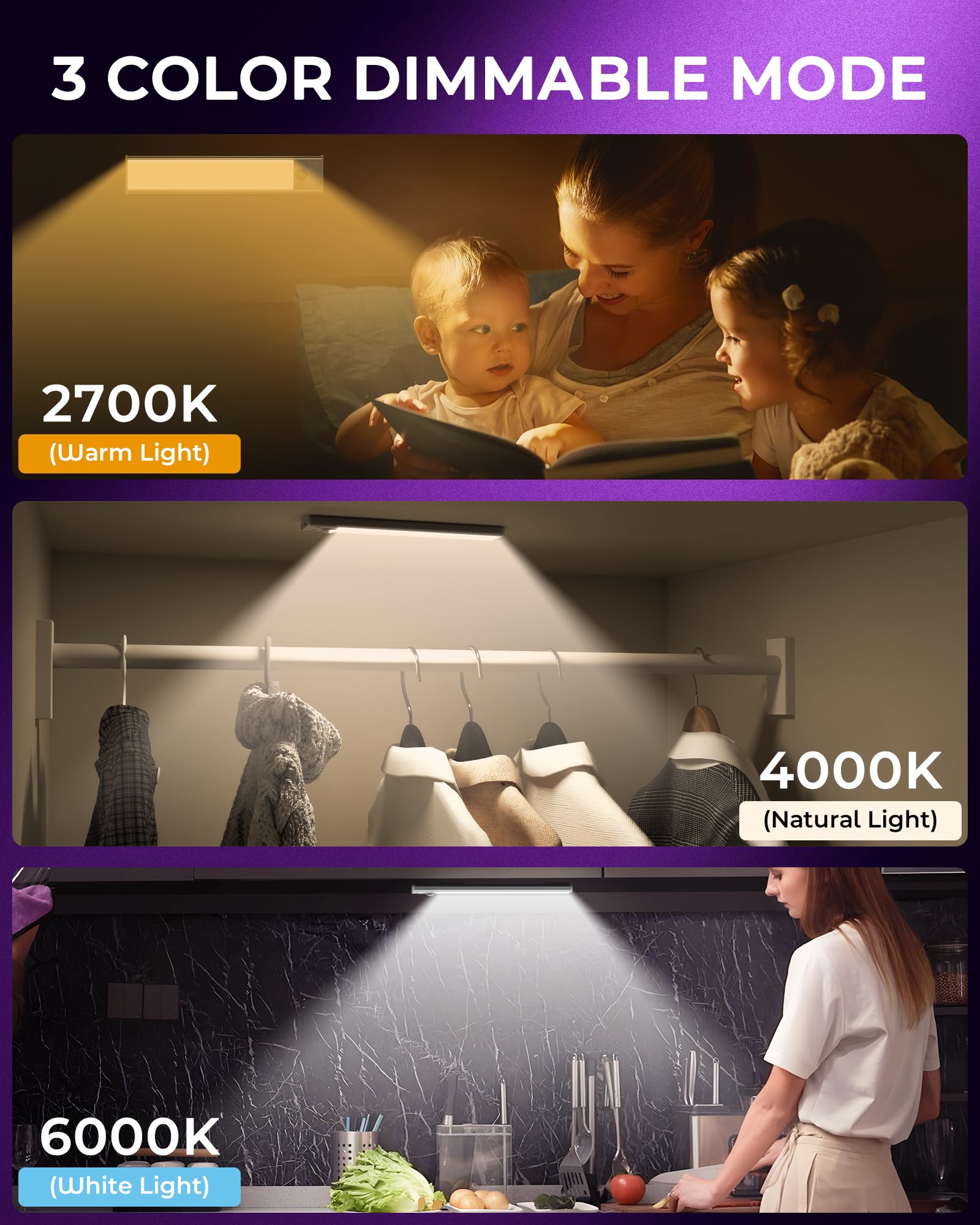 ASOKO HOME Under Cabinet Motion Sensor Lights, 3-Color LED, Battery Operated, 2-Pack, 8-Inch Rechargeable Closet Lighting