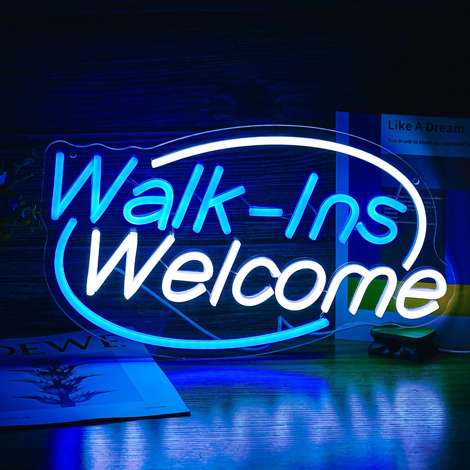 Noasktt Walk-Ins Welcome Neon Sign, Blue + White LED, 16.5x9.4in Acrylic Wall Decor for Game Room, Bedroom, Restaurant, Party