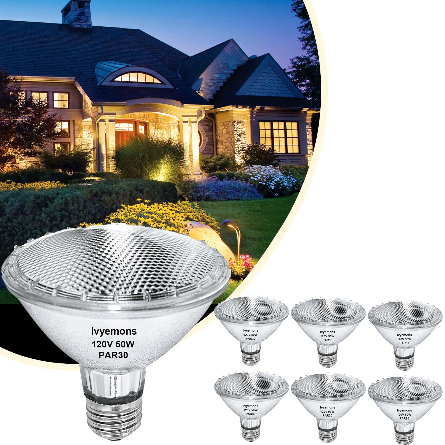 Ivyemons PAR30 Short Neck Halogen 50W - 6 Pack PAR30 Flood Light Bulbs E26 Base  PAR 30 Dimmable 2800K Warm White  Long Lasting PAR 30 Halogen Bulb for Accent Lighting  Tracking Light  Recessed Light
