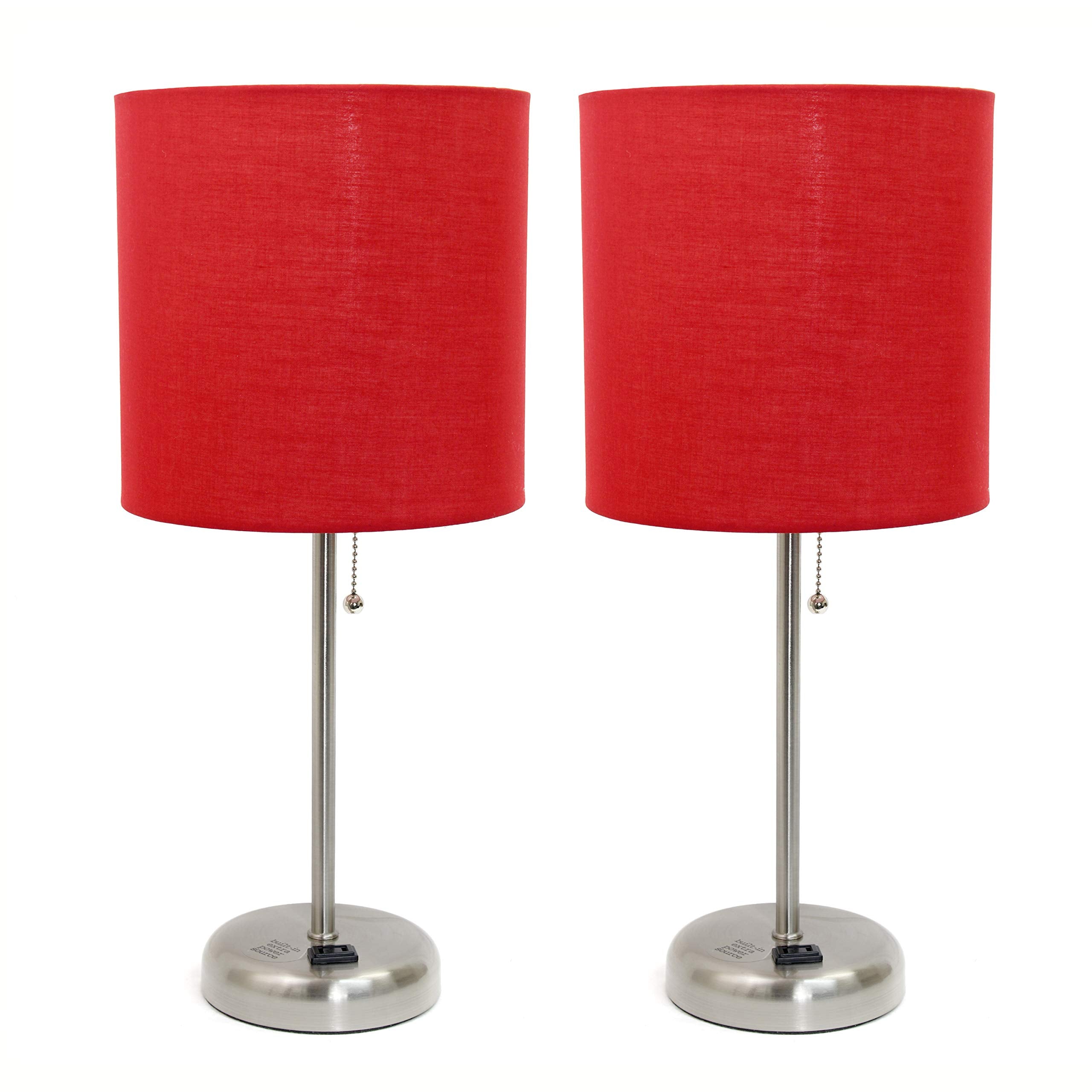 Simple Designs Lc2001-Red-2Pk Brushed Steel Stick Table Lamp Set With Charging Outlet And Red Fabric Shades, 2 Pack Set
