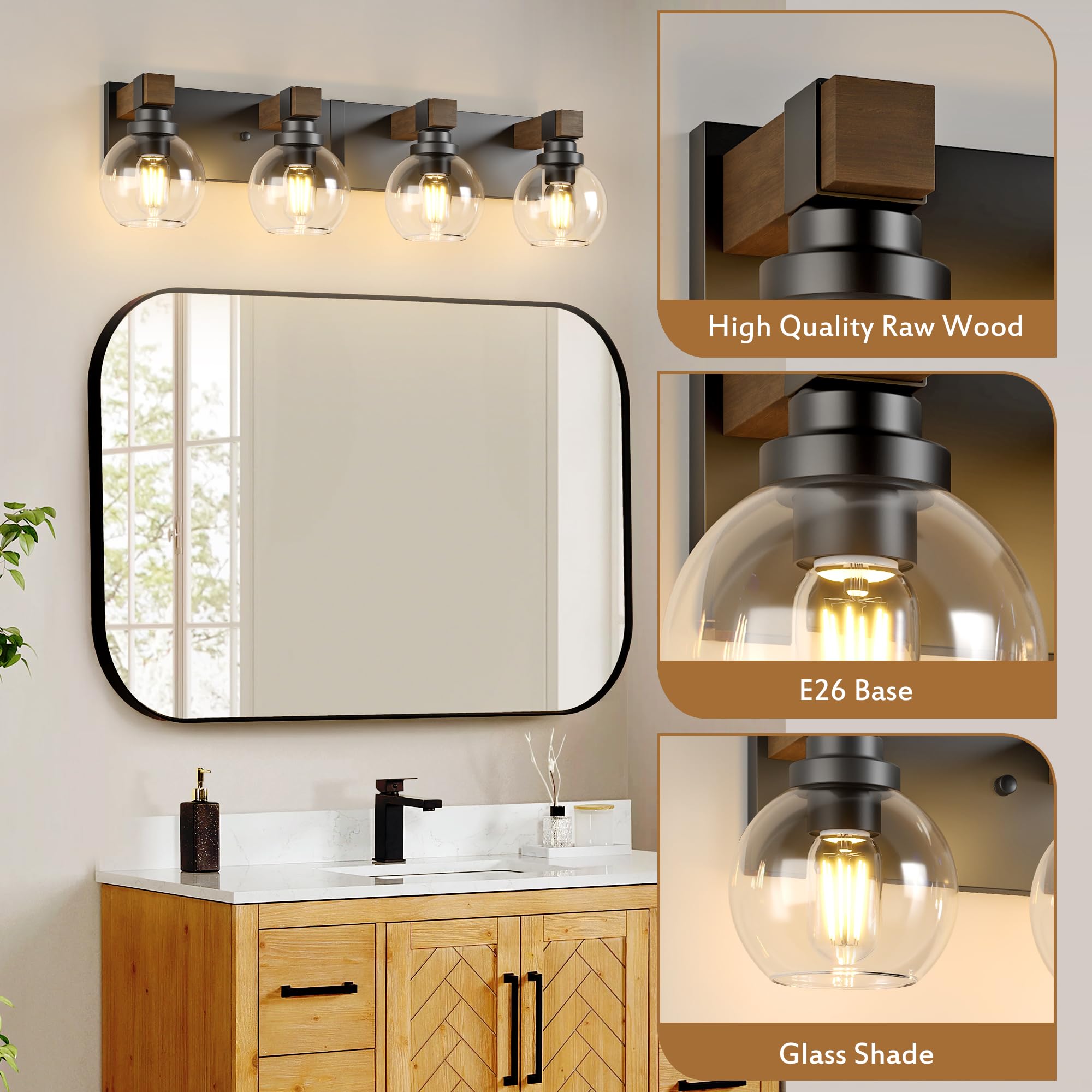 Farmhouse Bathroom Vanity Light Fixtures  4-Light Wood Bathroom Light Fixtures Over Mirror  Rustic Sconces Wall Lighting With Glass Shade For Living Room  Bedroom  Hallway