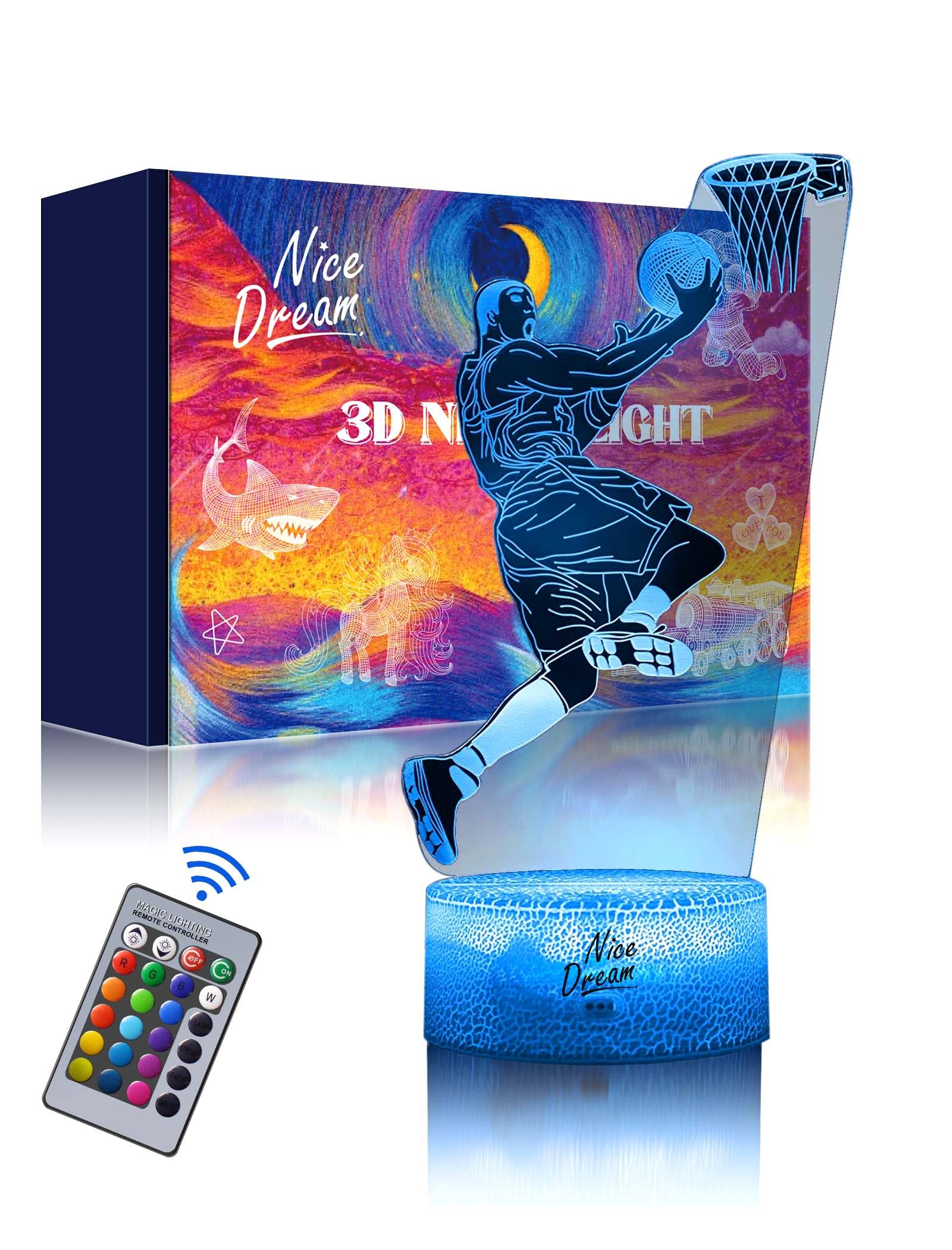 Nice Dream 3D Illusion Basketball Player Night Light, Multicolor, Remote Control, 16 Colors, Room Decor for Kids