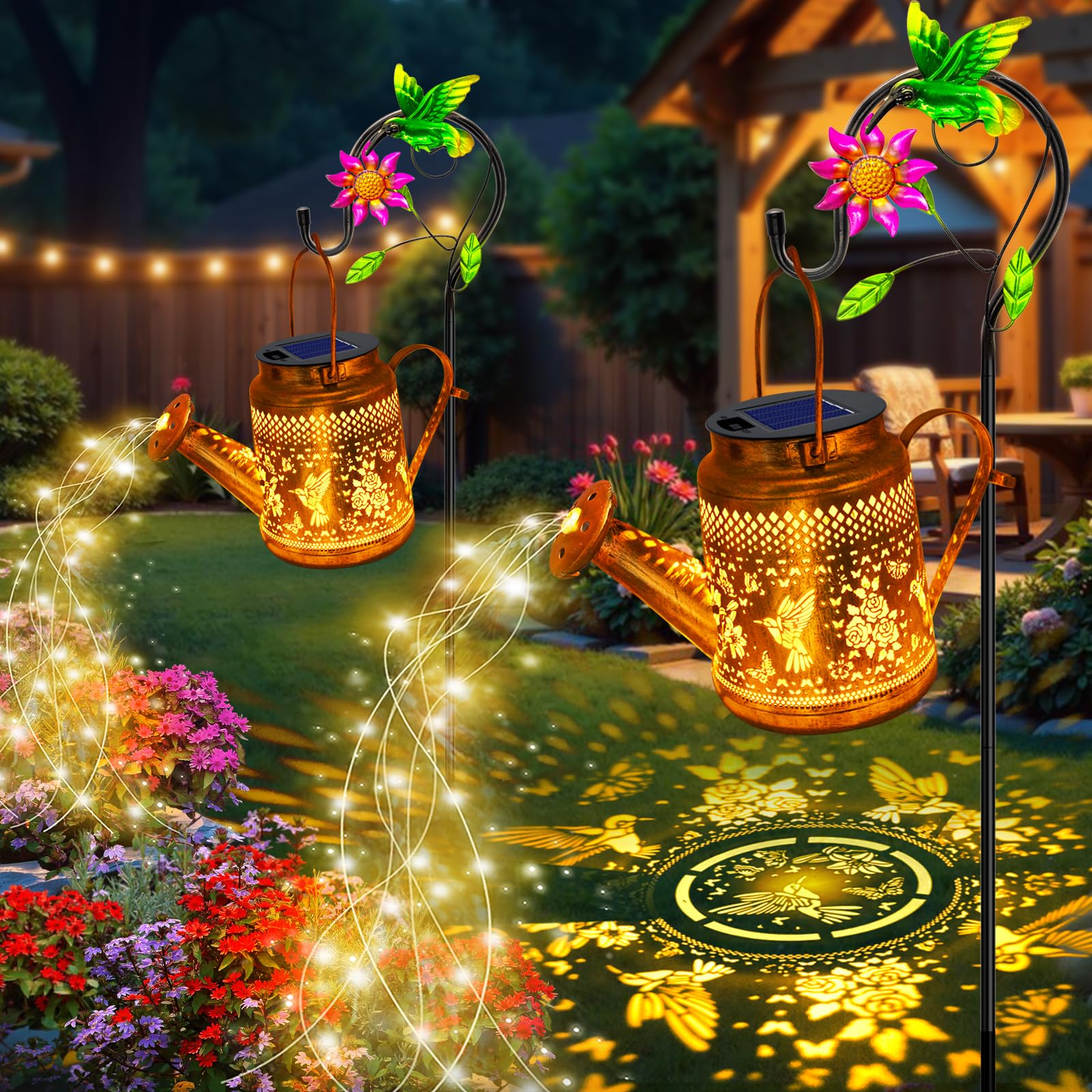 2 Pack Solar Lanterns Outdoor Waterproof Hummingbird Watering Can Garden Decor Hanging Solar Path Lights Yard Art Outside Patio Decorations Gardening Birthday Gifts For Mom Grandma Women (Warm White)