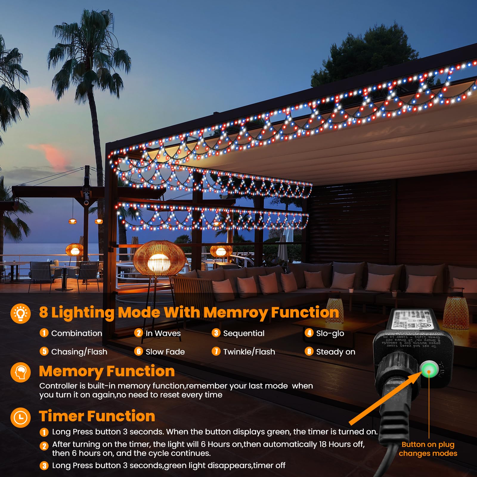 Kazoku 4Th Of July Outdoor String Lights 40Ft 380Led Waterpoof Red White Blue Semicircle String Lights 8 Lighting Modes Mermory