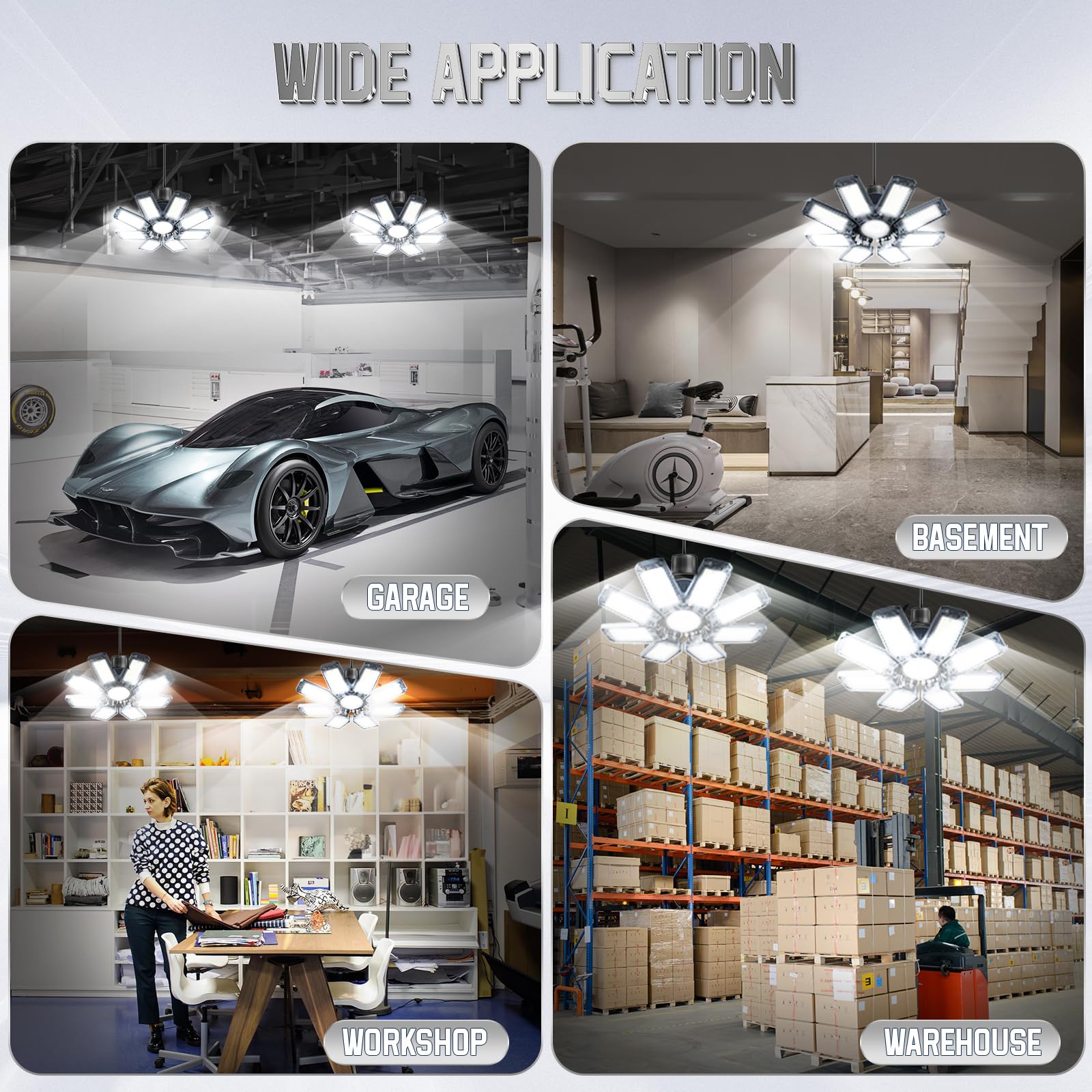 TOPAUBUB Garage Light 220W LED with 8+1 Deformable Panels, 22000LM, 6500K, Black, Model B4