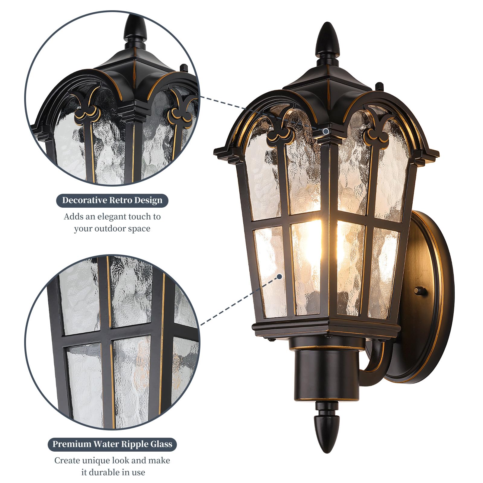 Sucolite Outdoor Wall Light Fixtures, Black & Gold, Waterproof Vintage Sconces, 2 Pack, Metal, Model B06068P