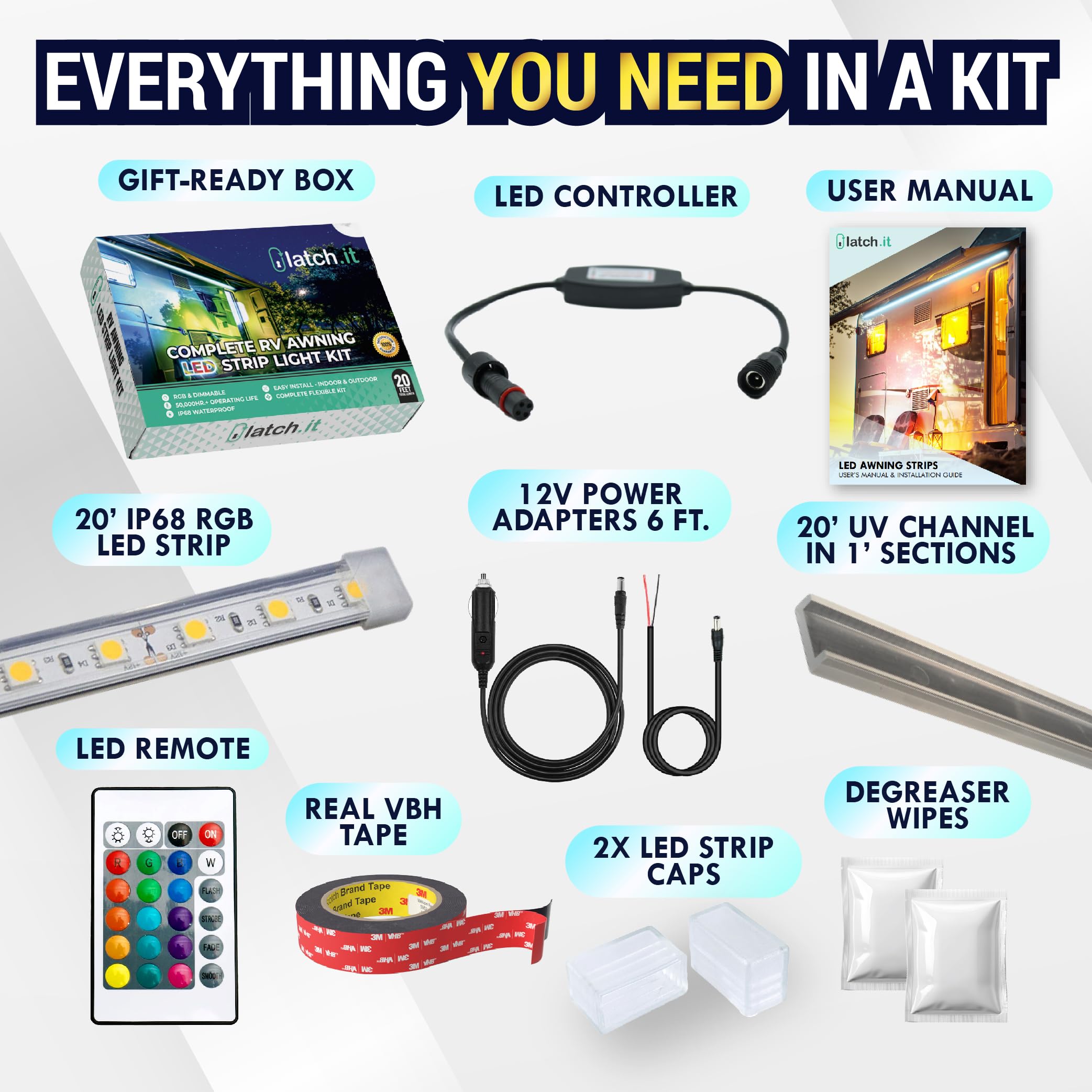 LATCH.IT 12V RV Awning LED Light Strip, 20-Foot V2.1, Multicolor, IP68 Water-Resistant, DIY Kit