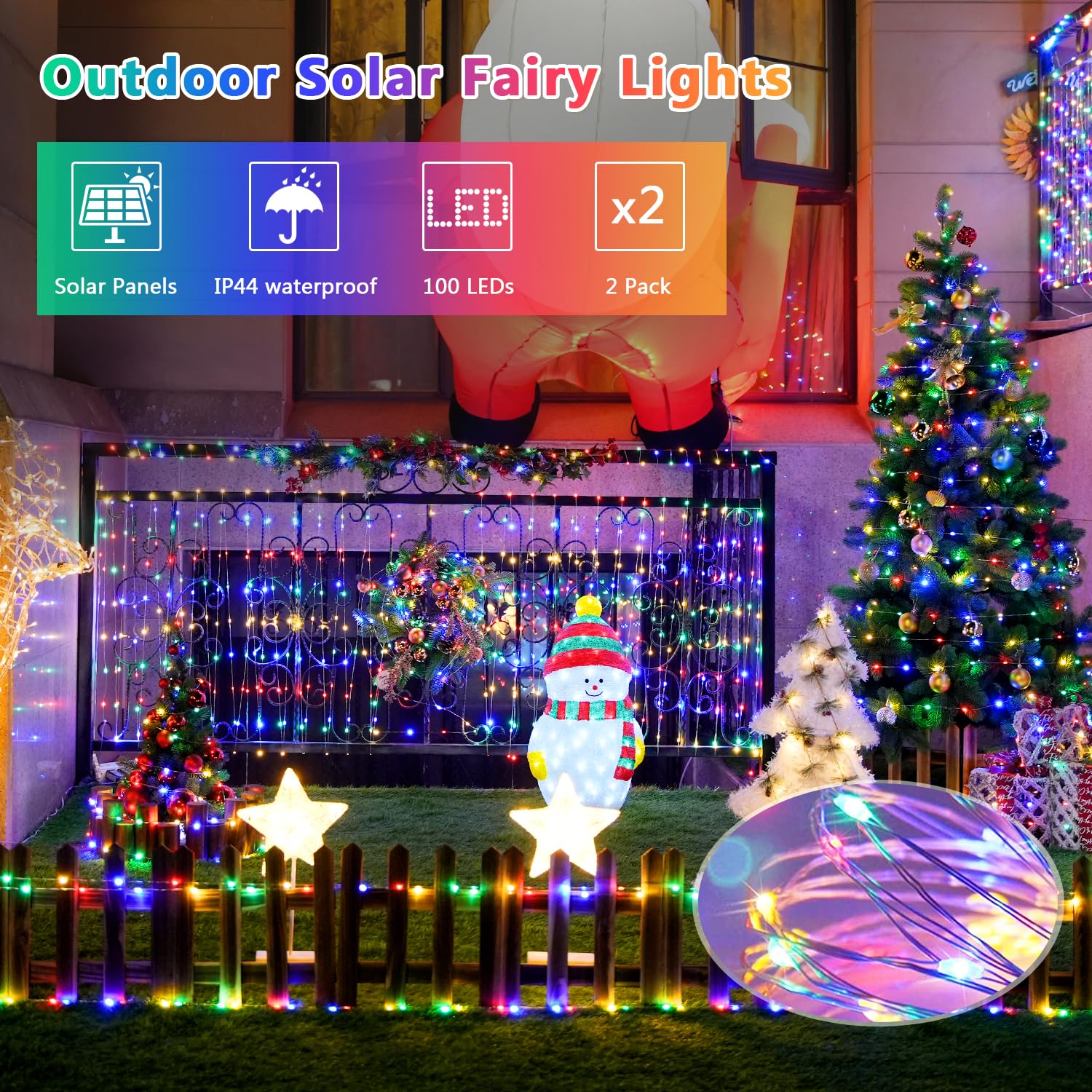 Jmexsuss 2 Pack Solar Christmas Lights Outdoor Waterproof, Each 33Ft 100 Led Multi Colored Solar Fairy Lights, 8 Modes Solar String Lights For Outside Yard Patio Tree Garden Christmas Decorations