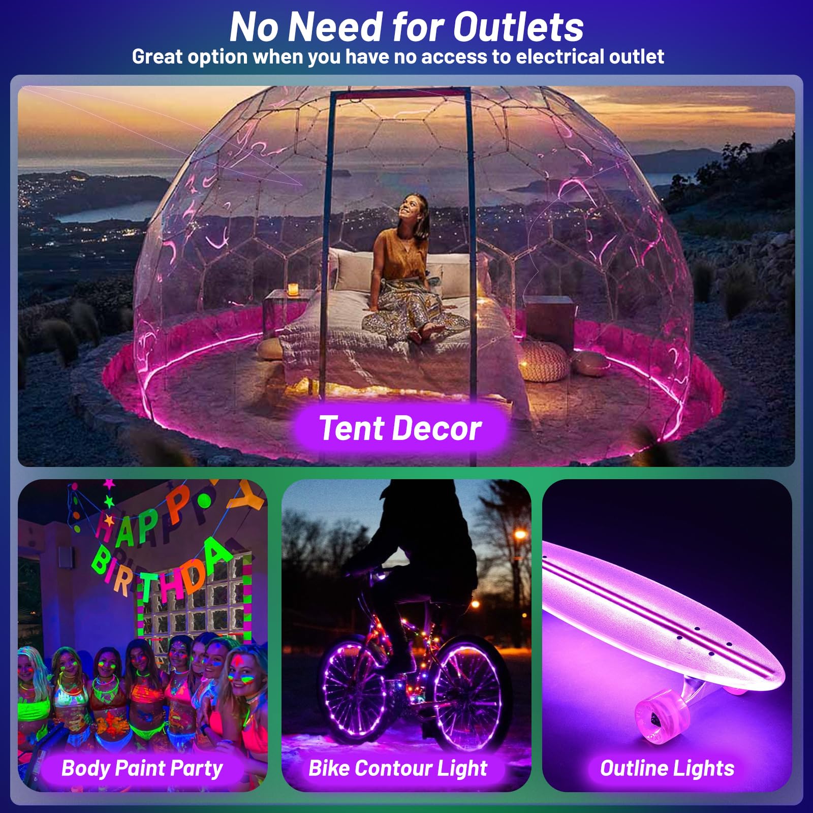 33Ft Black Strip Lights, Usb & Battery Operated Black Lights For Glow Party, Blacklight Strip Lights For Halloween Decoration Room Decor Glass Cabinet Case Display Fluorescent Paint(4Pack*8.2Ft)