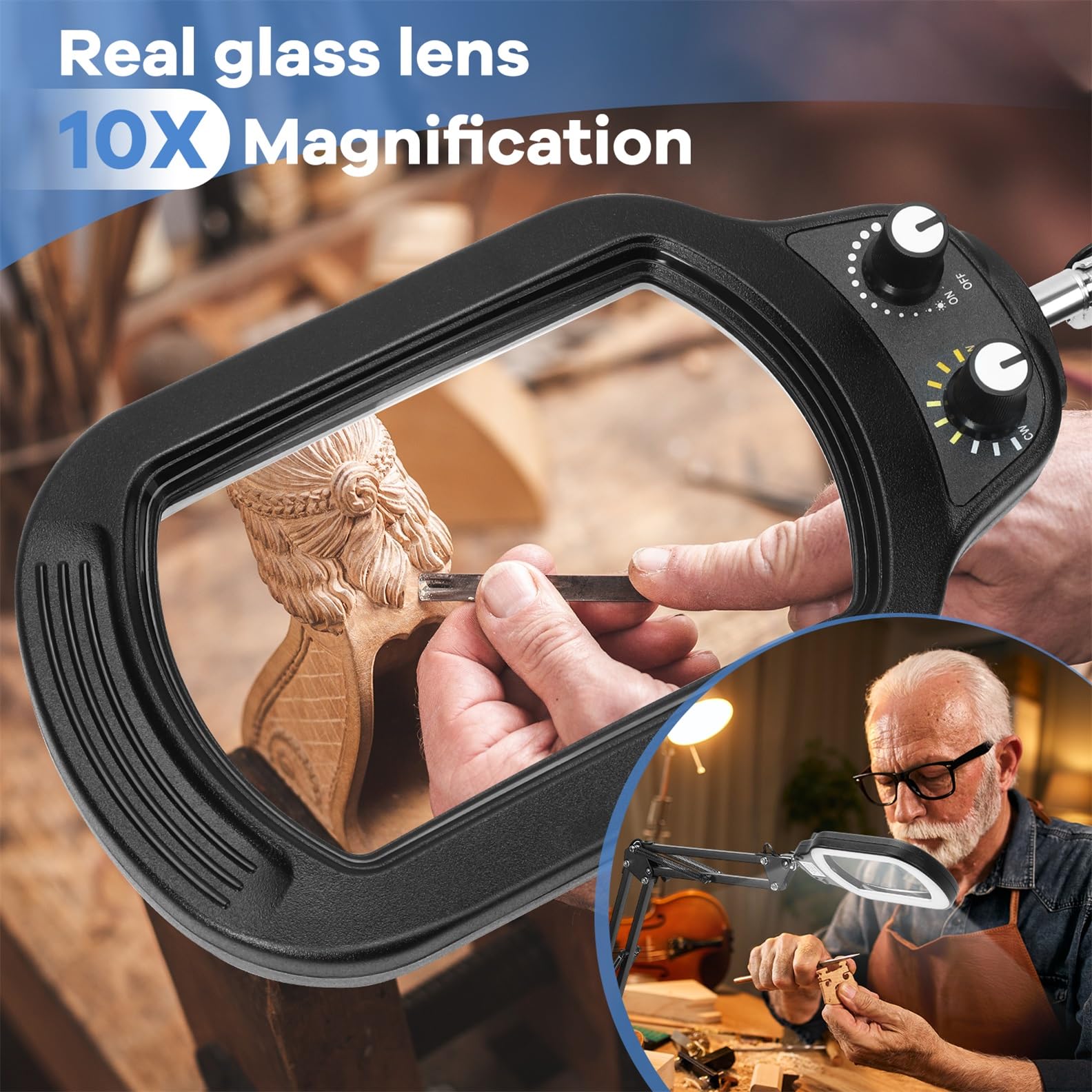Jeedefi 10X Rectangle Magnifying Glass with Light, Black, Model JE-U01, Real Glass, Stepless Dimmable, Hands-Free Stand